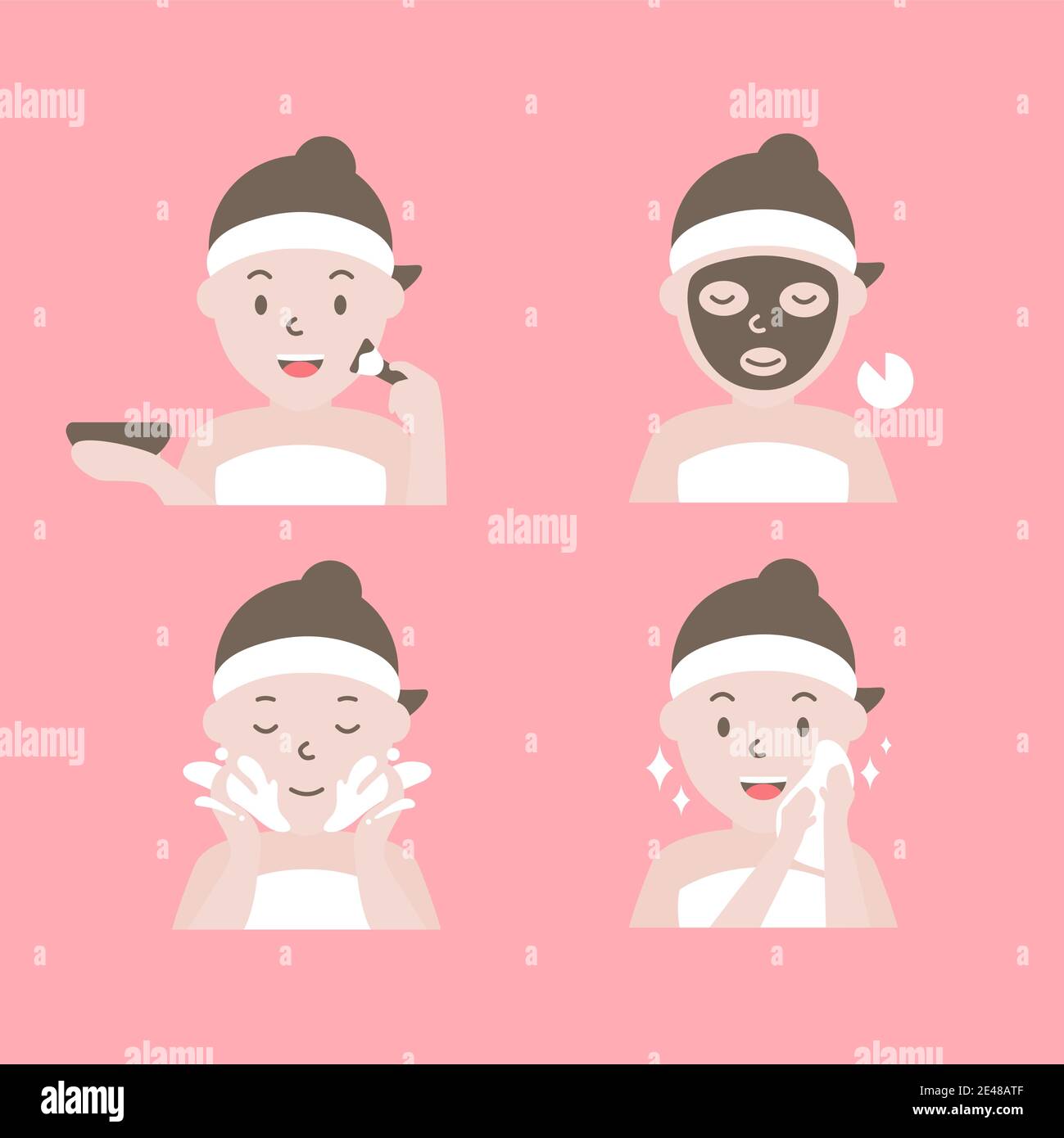 Schritte, wie man Gesichtsmaske anwenden. Frau mit Schritt der Gesichtsmaskierung. Stock Vektor