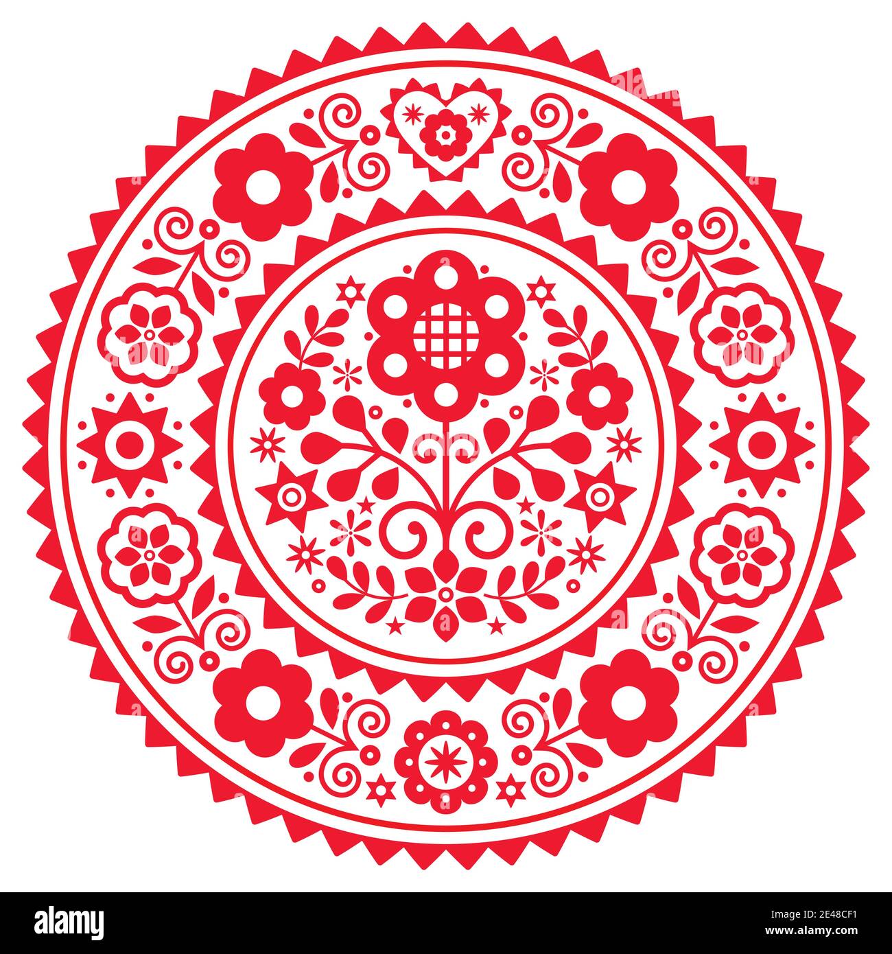 Folk Art Vektor Mandala Design mit Blumen mit Rahmen inspiriert Durch alte traditionelle polnische Stickerei Lachy Sadeckie - Böhmische Muster Stock Vektor