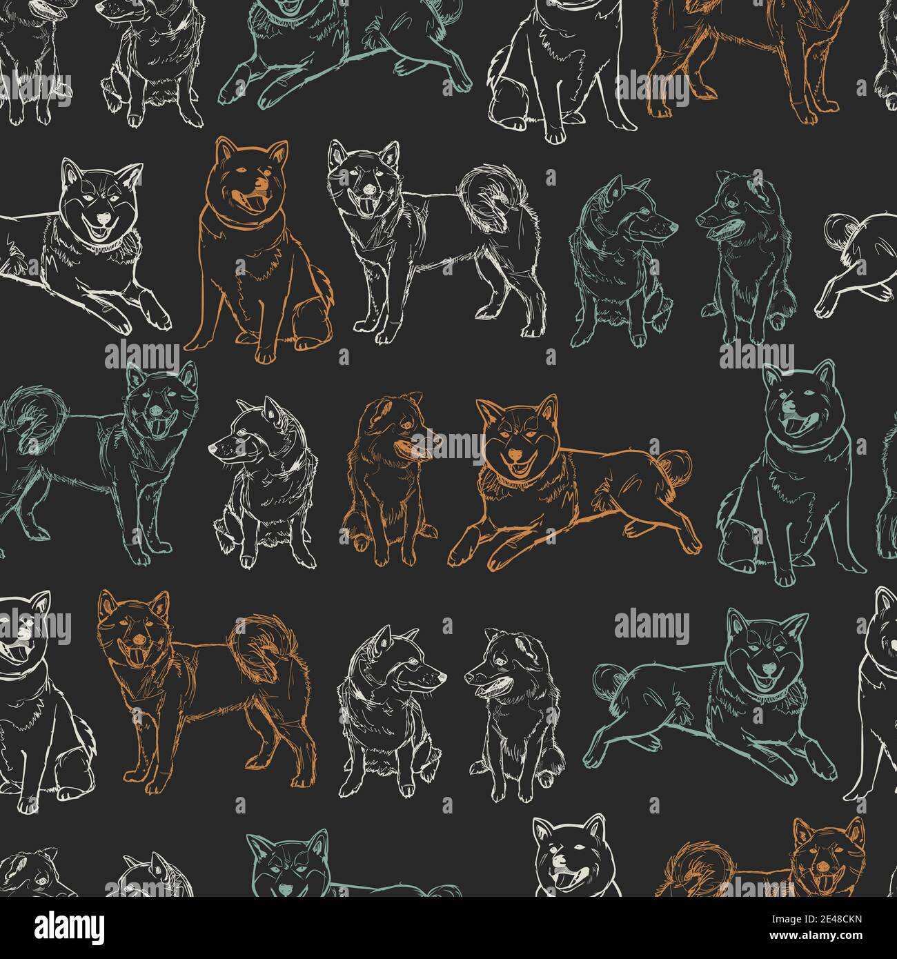 Vektor dunkelgrau shiba inu Hunde Skizze nahtlose Hintergrund Muster. Geeignet für Geschenkpapier, Textil und Tapeten. Stock Vektor