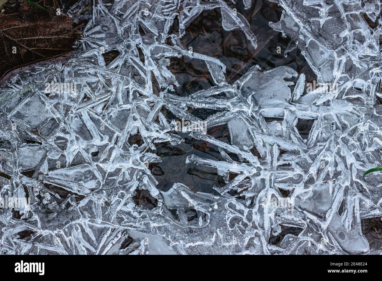 Abstrakter Winterhintergrund, rissige Eis auf gefrorener Pfütze. Eisfragmente auf gefrorenem Wasser. Das Eis zerbrochene Stücke.Eis auf einer gefrorenen Wasserpfütze im Winter Stockfoto