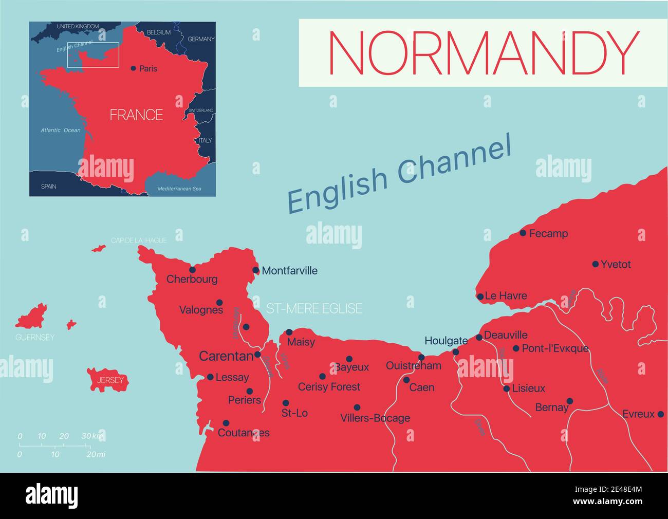 Normandie von Frankreich Detaillierte editierbare Karte mit Städten und Städten, geografischen Standorten. Vector EPS-10-Datei Stock Vektor