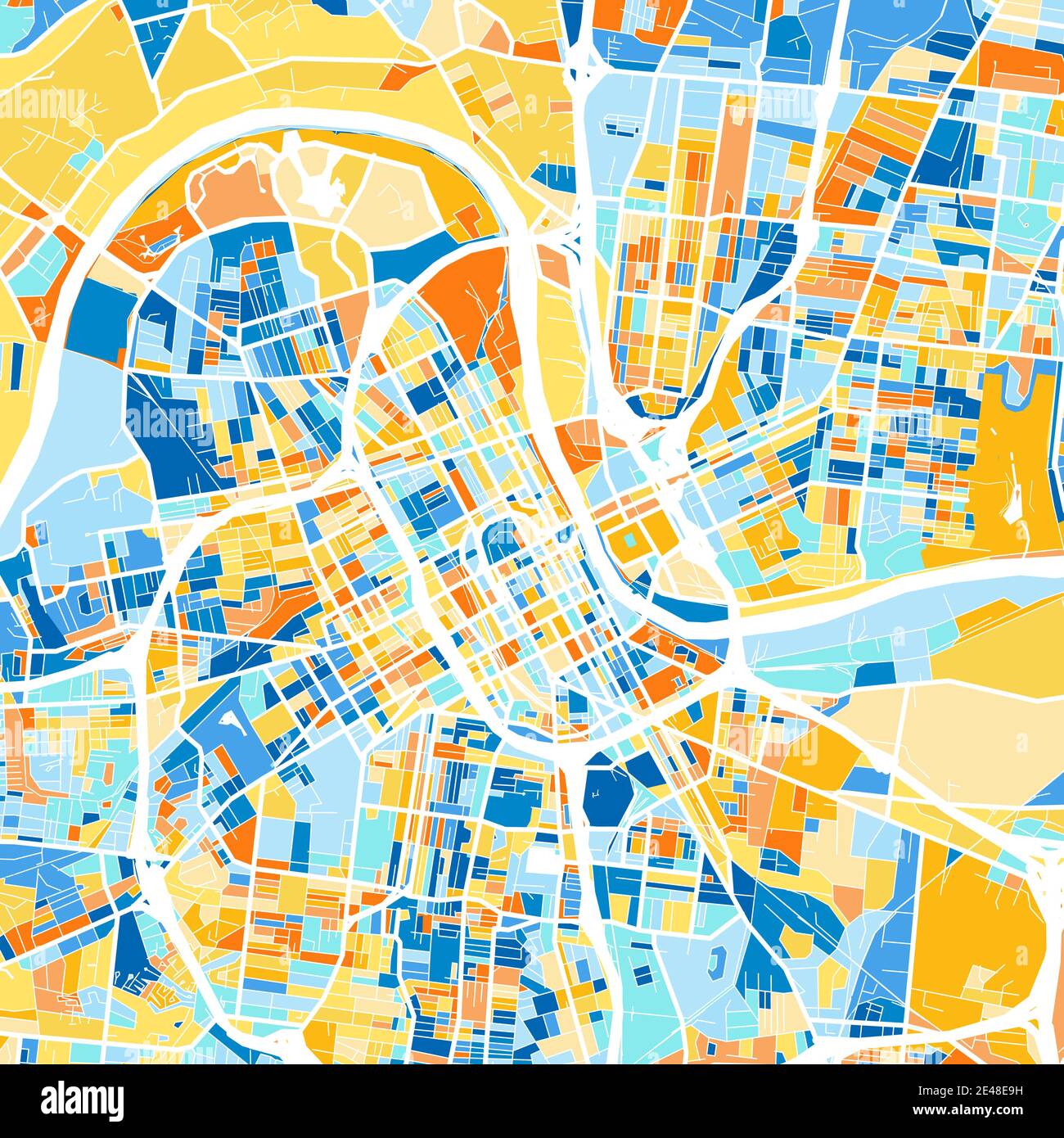 Farbkunstkarte von Nashville, Tennessee, UnitedStates in Blau und Orangen. Die Farbabstufungen in der Nashville-Karte folgen einem zufälligen Muster. Stock Vektor