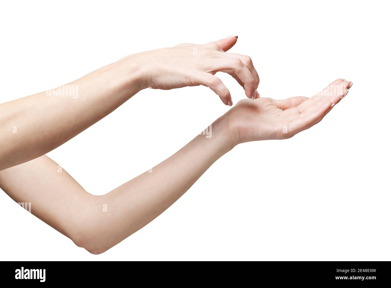 Weibliche Hand poiting durch Finger isoliert auf weißem Hintergrund mit Beschneidungspfad Stockfoto