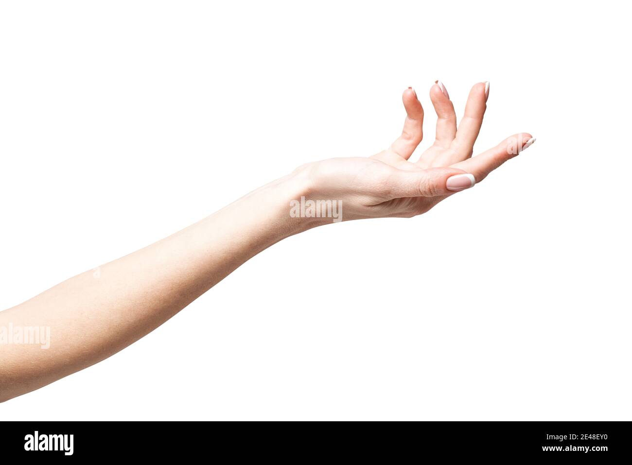 Weibliche Hand poiting durch Finger isoliert auf weißem Hintergrund mit Beschneidungspfad Stockfoto