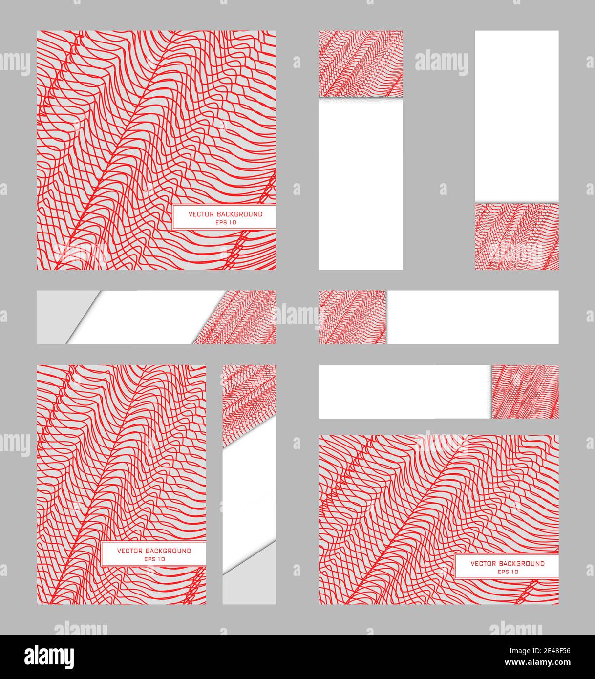 Satz von A4- und quadratischen Deckbvorlagen. Sechs verschiedene Banner. Layouts für Werbematerialien. Vektor grauer Hintergrund mit rotem Netz. Strichmuster Stock Vektor