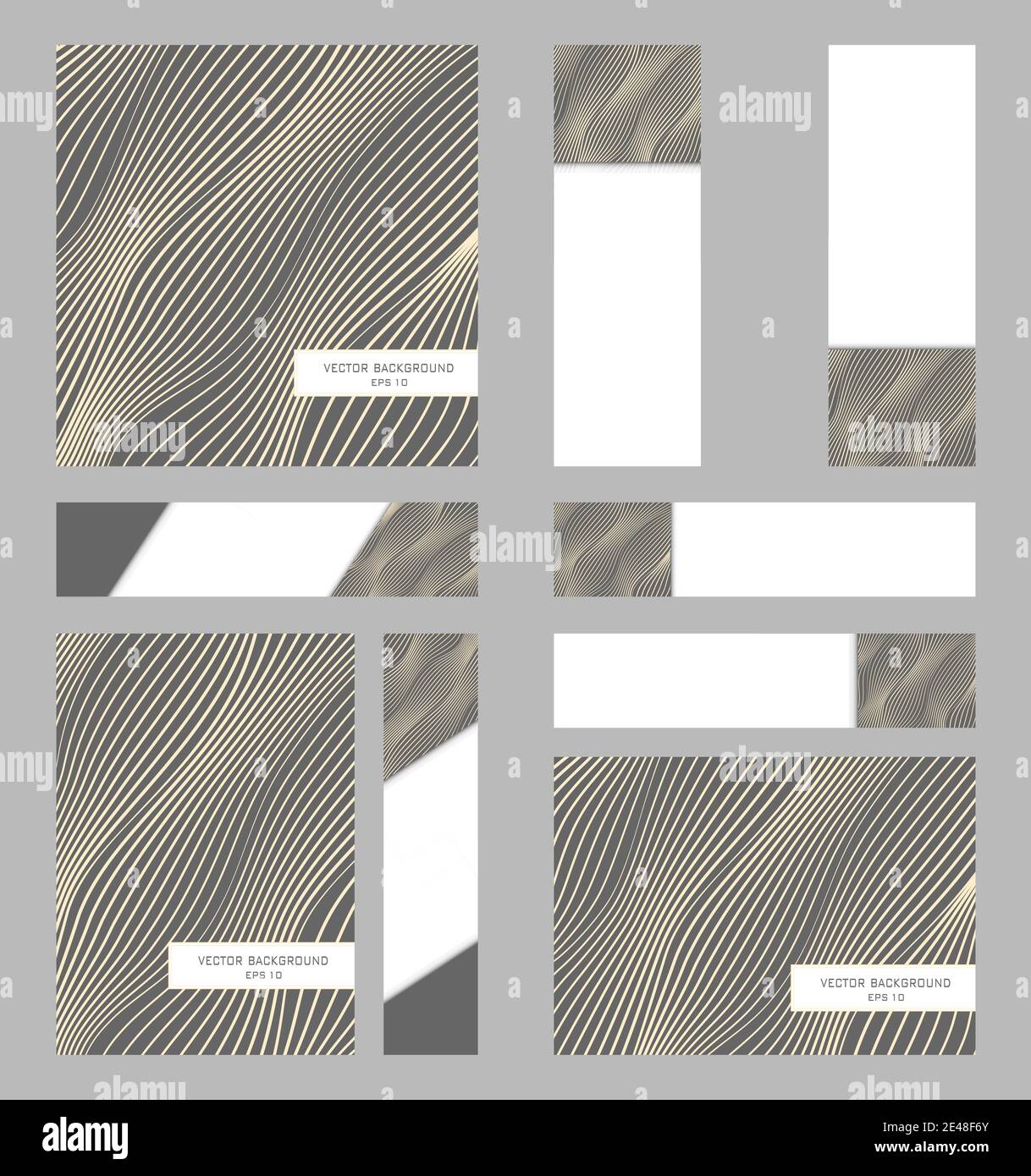 Satz A4 und quadratische Deckbanner, 6 Banner. Layouts für Werbematerialien. Corporate Identity. Vektor grauer Hintergrund, gelbe wellige Linien. EPS10 Stock Vektor