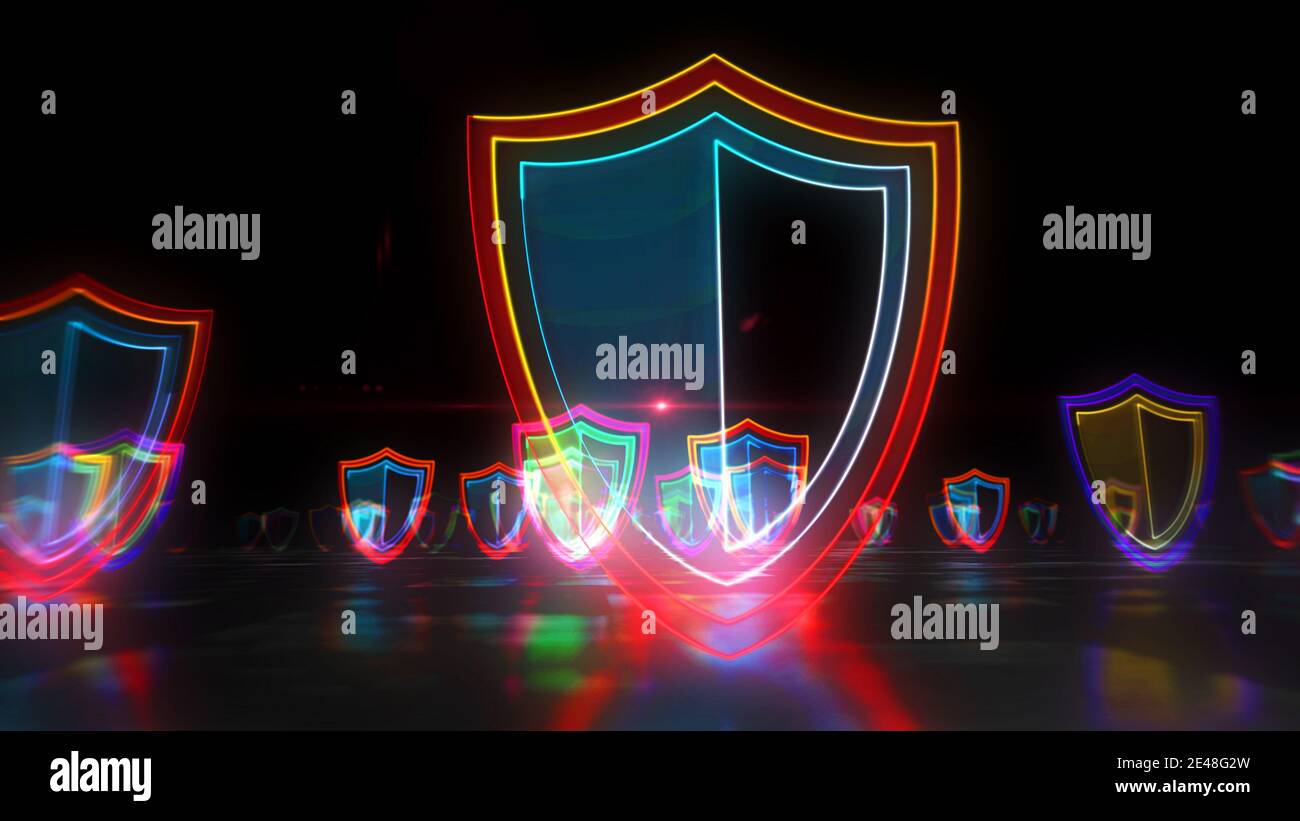 Cyber-Sicherheitskonzept mit Schild-Symbol, Datenschutz und Computer-Sicherheit-Symbol. Futuristische abstrakte 3d-Darstellung. Stockfoto