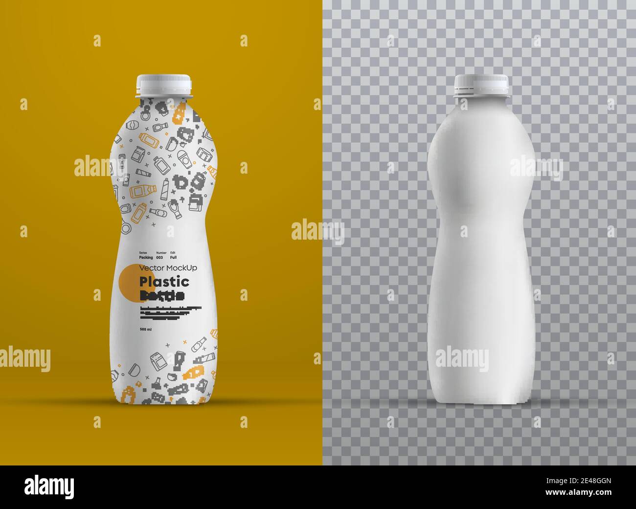 Vector realistische Mockup Kunststoff gebogene Flasche für Saft, Joghurt, Kefir oder Milch. Vorlage für die Präsentation des Etikettendesigns. Stock Vektor
