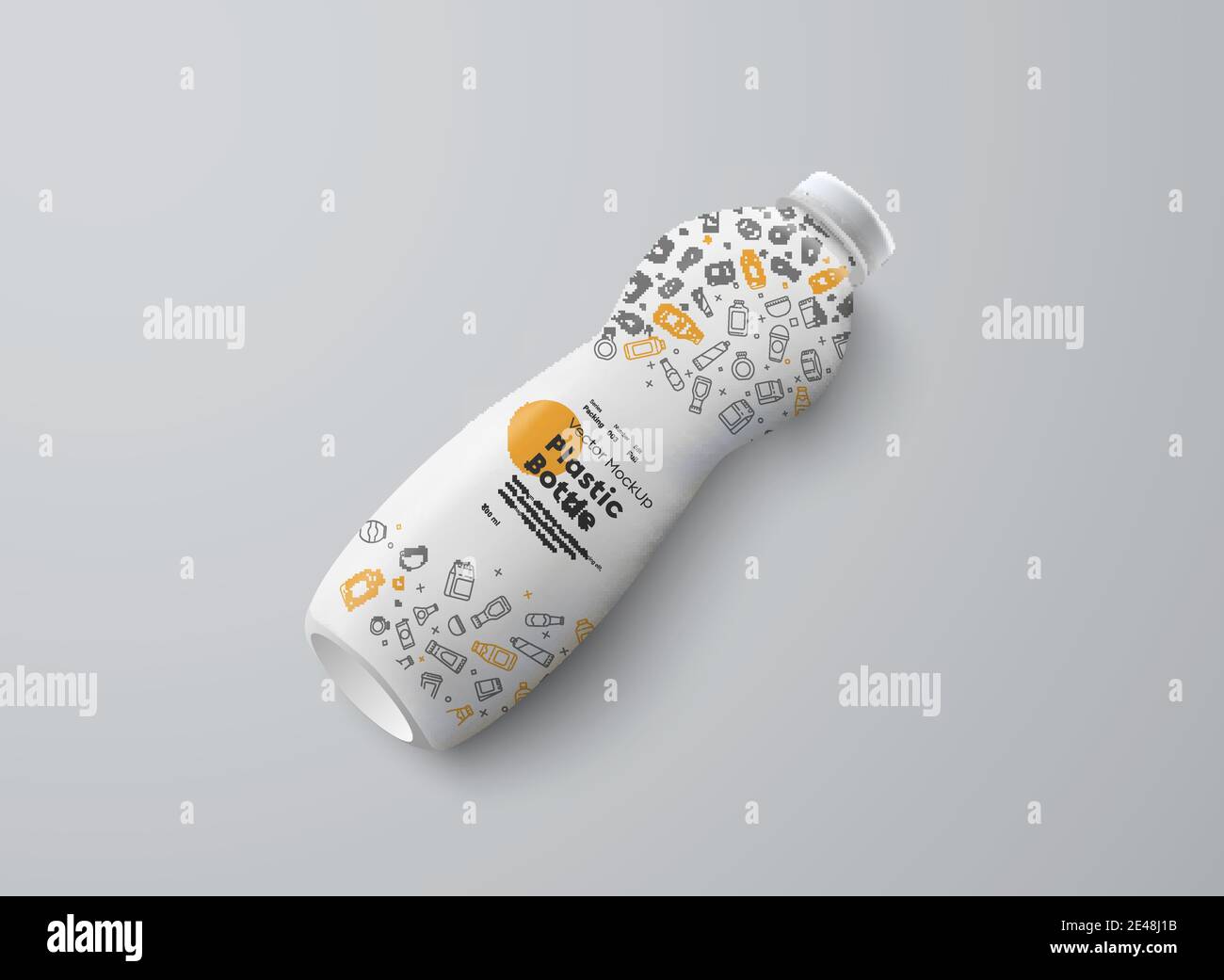 Vektor realistische Nachbildung einer weißen Plastikflasche auf einem grauen Hintergrund. Vorlage für die Präsentation des Etiketts Design von Joghurt, Milch, Kefir Stock Vektor