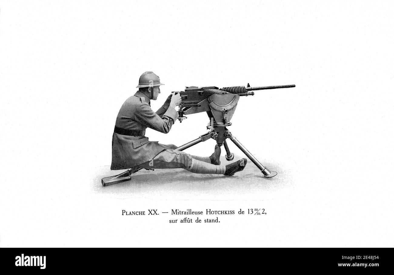 Französischer Maschinengewehr, Der Auf Hotchkiss-Waffe Sitzt Stockfoto