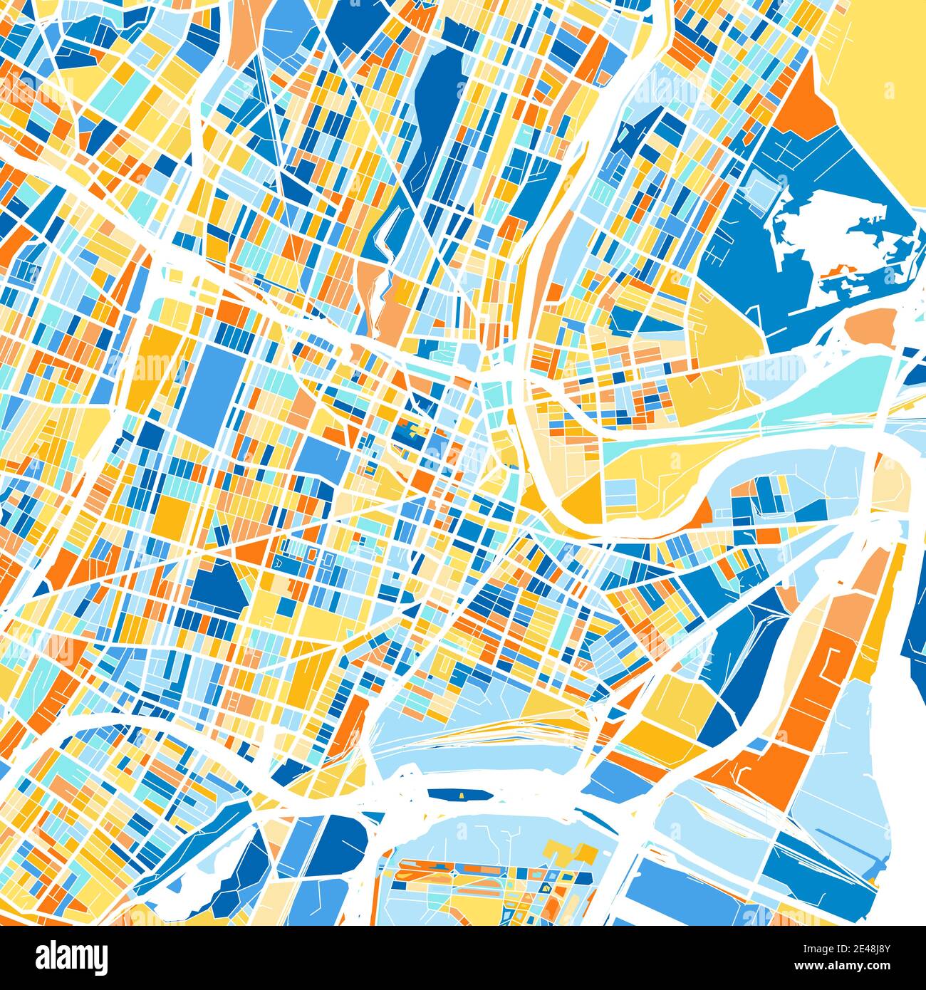 Farbkunstkarte von Newark, New Jersey, UnitedStates in Blau und Orangen. Die Farbabstufungen in der Newark-Karte folgen einem zufälligen Muster. Stock Vektor