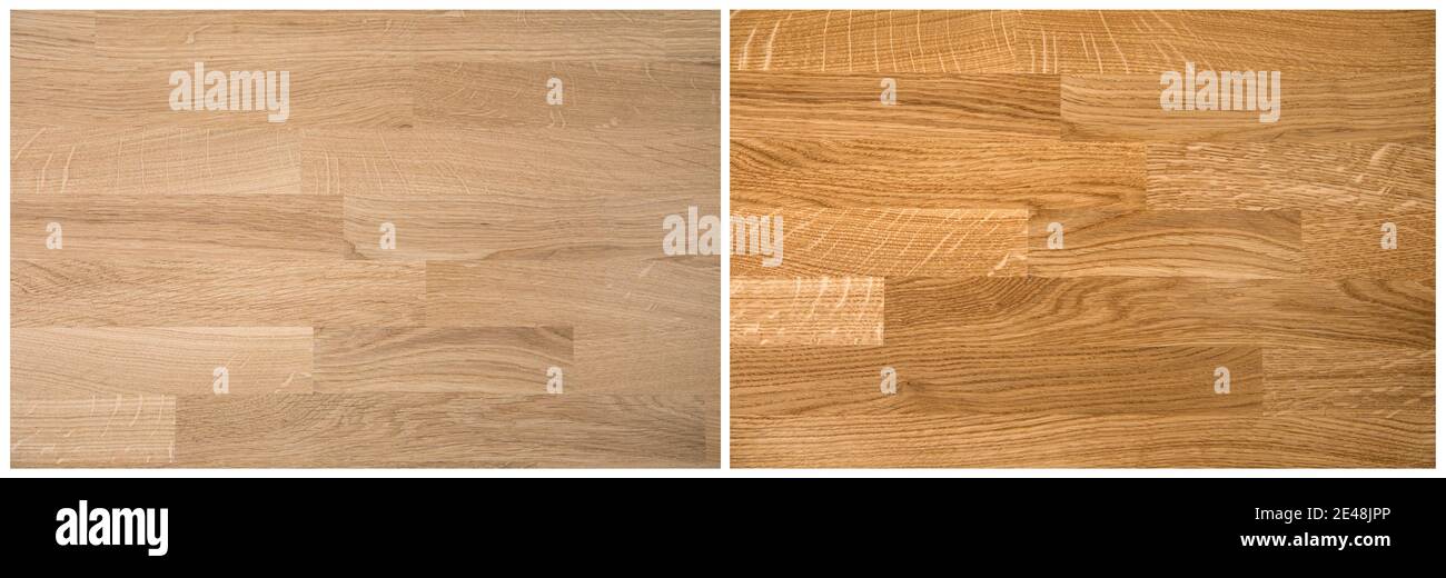 Natürliche Farbe Eiche Baum Holzbrett Küche Arbeitsplatte unbearbeitet vor links und nach dem Ölen nach rechts verarbeitet. Renovierung des Hauses. Stockfoto