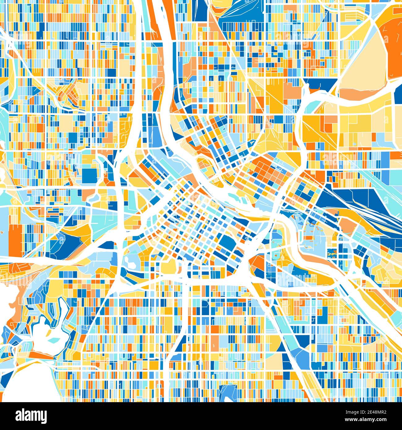 Farbkunstkarte von Minneapolis, Minnesota, UnitedStates in Blau und Orangen. Die Farbabstufungen in der Minneapolis-Karte folgen einem zufälligen Muster. Stock Vektor