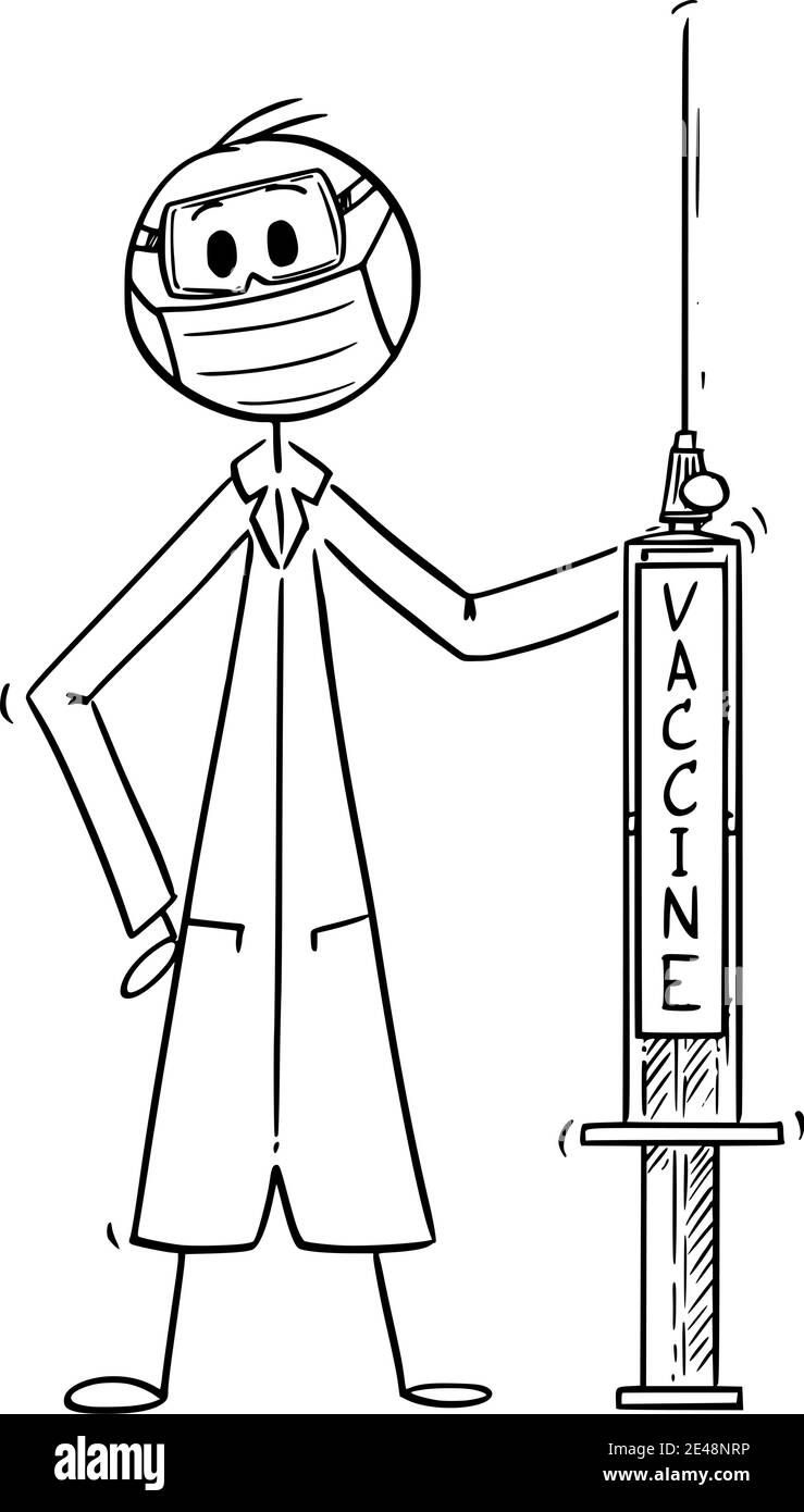 Medizin Arzt mit großer Injektion mit Coronavirus oder covid-19-Impfstoff, Vektor-Cartoon-Stick Figur oder Figur Illustration. Stock Vektor
