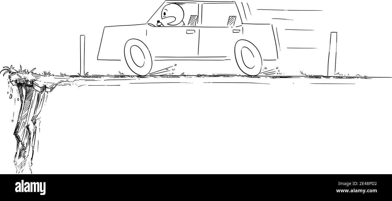 Auto bewegt sich schnell, Ende der Straße, Fahrer ist schockiert, Natur Hindernis, Vektor-Cartoon-Illustration. Stock Vektor