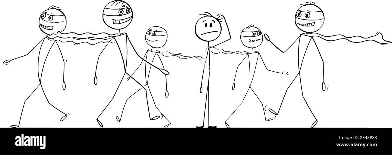 Durchschnittliche Mann denken in der Menge von selbstbewussten Superhelden, Vektor-Cartoon-Stick Figur oder Figur Illustration. Stock Vektor