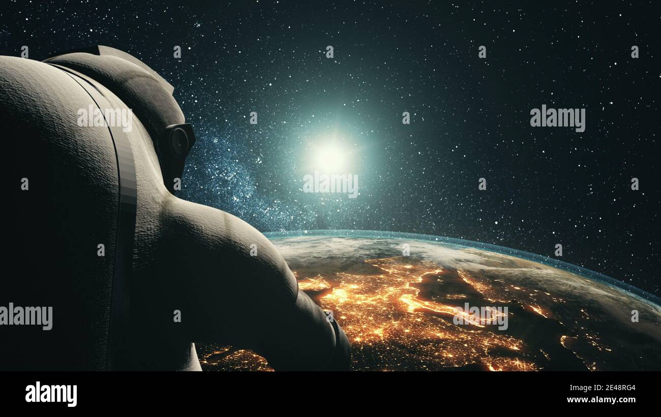 Nahaufnahme des Astronauten in modernem Raumanzug auf realistischem Erdplaneten mit beleuchteten Mainlands. Sonne unterging am Sternenhimmel im Hintergrund. Space Orbital Spaceman Exploration in 3D Animation Stockfoto