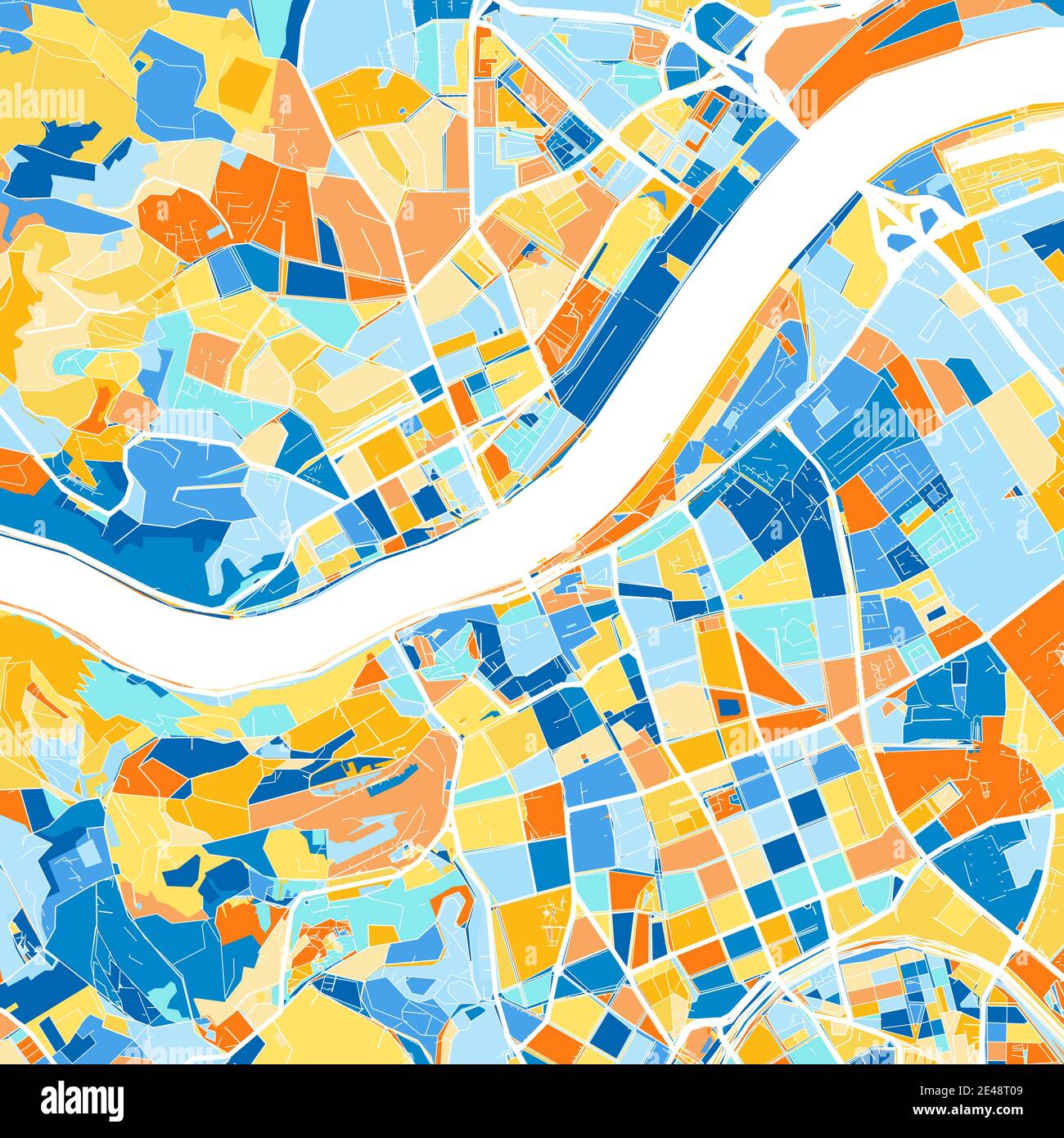 Farbkunstkarte von Linz, Oberösterreich, Österreich iin Blues und Orangen. Die Farbabstufungen in der Linzer Karte folgen einem zufälligen Muster. Stock Vektor