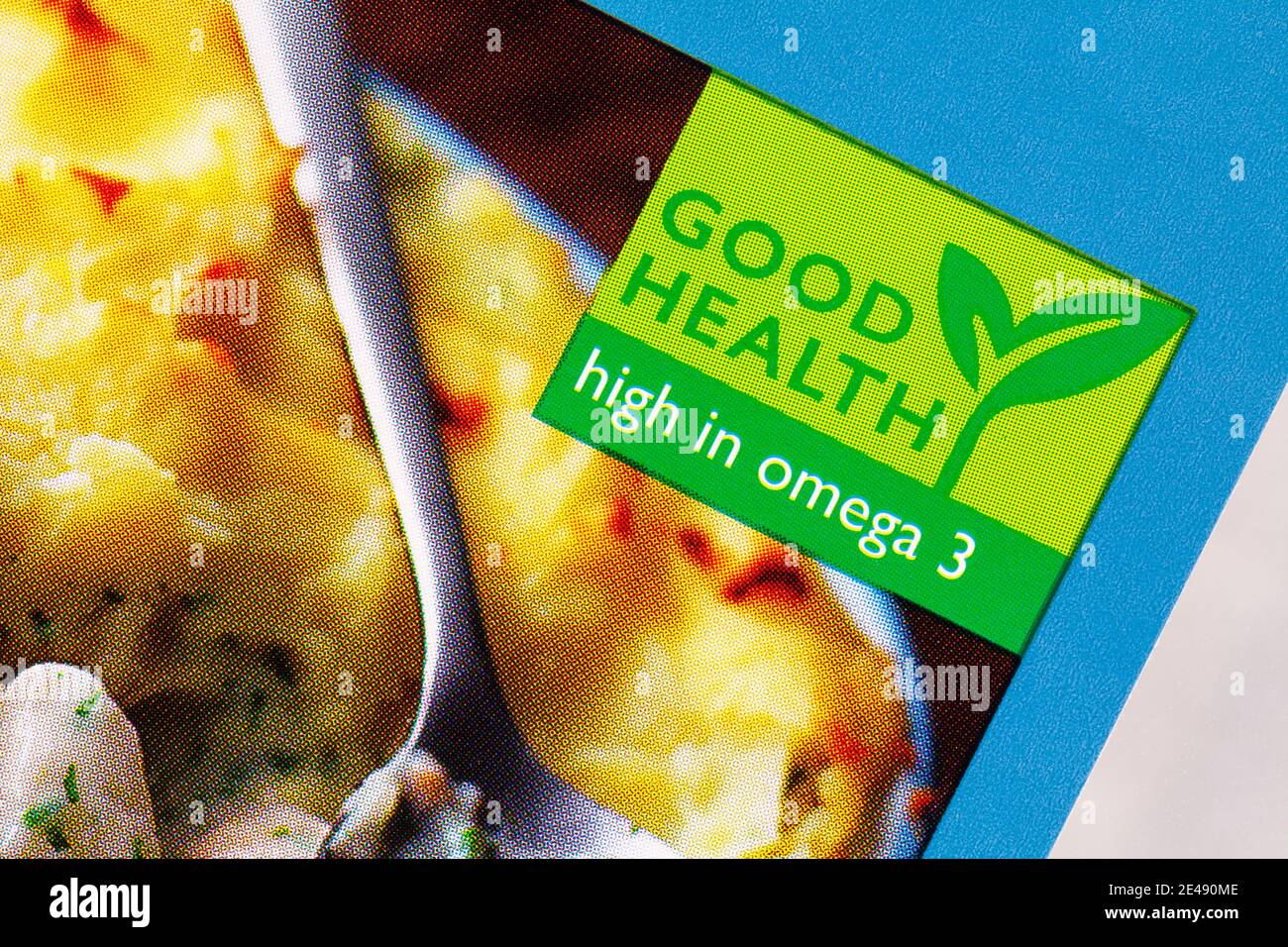 Gute Gesundheit hoch in Omega-3-Symbol-Logo auf der Packung Von Waitrose-Fischen Stockfoto