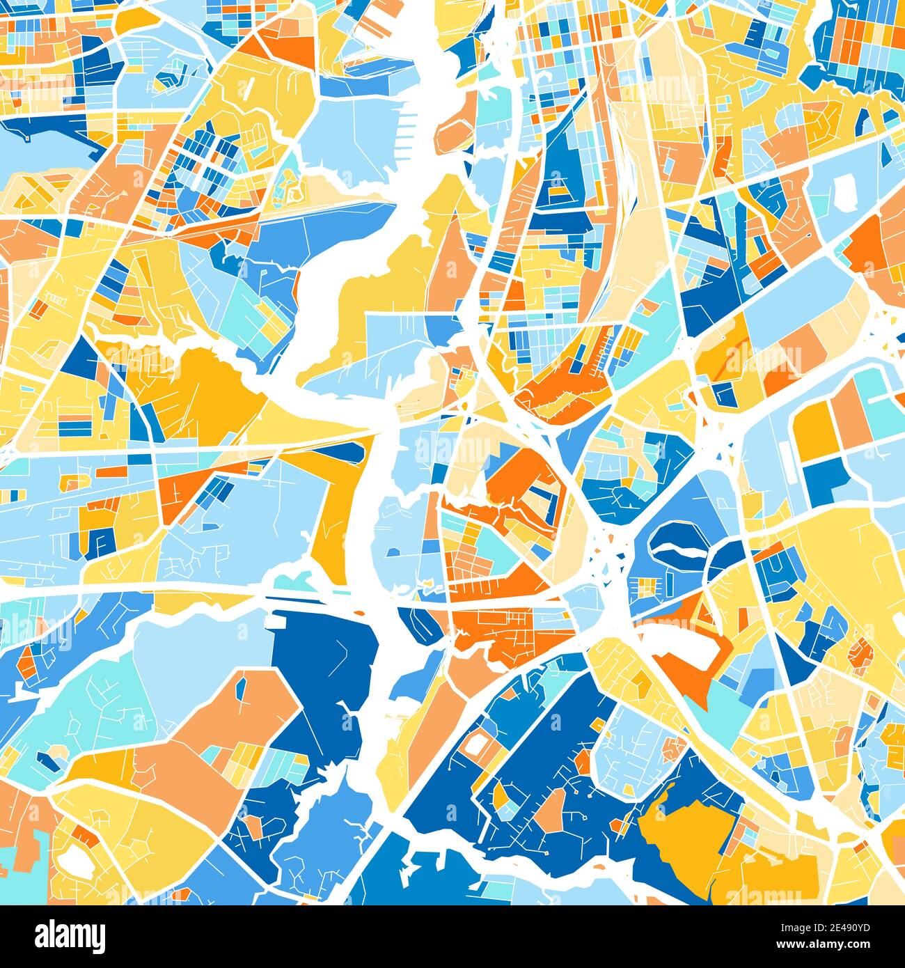 Farbkunstkarte von Chesapeake, Virginia, UnitedStates in Blau und Orangen. Die Farbabstufungen in der Chesapeake-Karte folgen einem zufälligen Muster. Stock Vektor