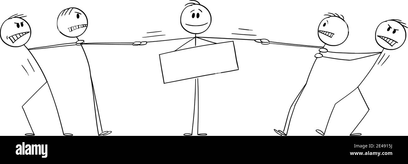Zwei Gruppen von Männern spielen Tauziehen für Mann, Kunde oder Mitarbeiter mit leerem Zeichen, Business-Vektor Cartoon-Stick Figur oder Figur Illustration. Stock Vektor
