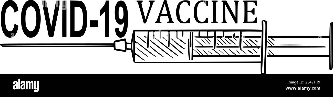 Covid-19 oder Coronavirus-Impfstoff, Spritze oder große Injektion, Vektor-Cartoon-Illustration. Stock Vektor