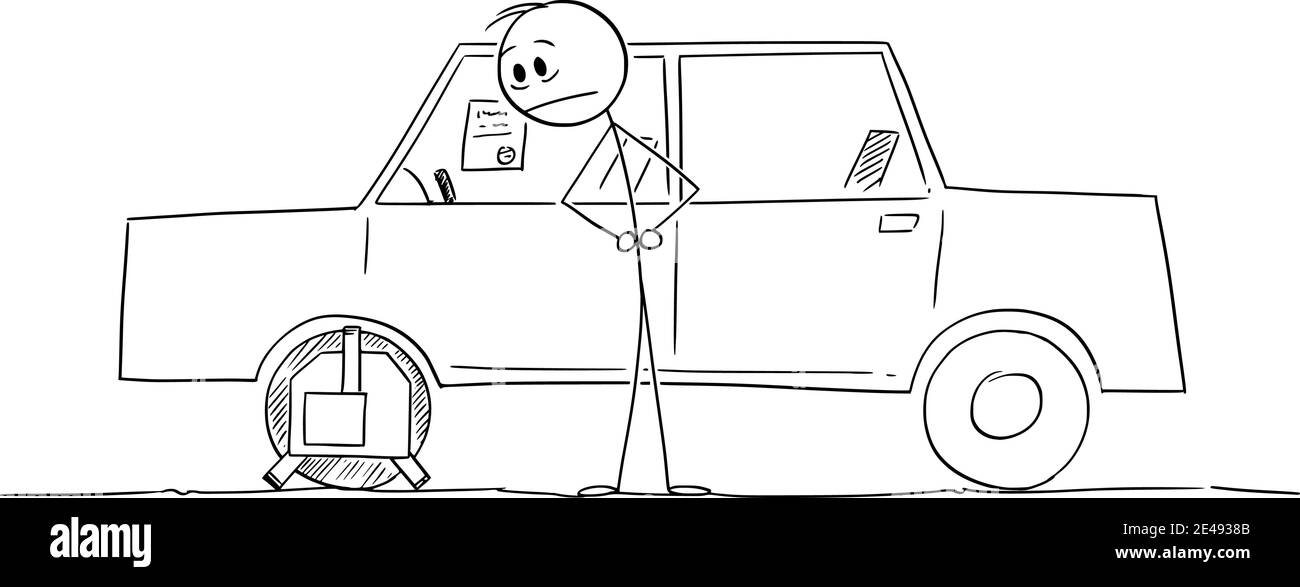 Fahrer oder Besitzer beobachten Radklemme auf seinem Auto, Vektor Cartoon Stick Figur oder Figur Illustration installiert. Stock Vektor