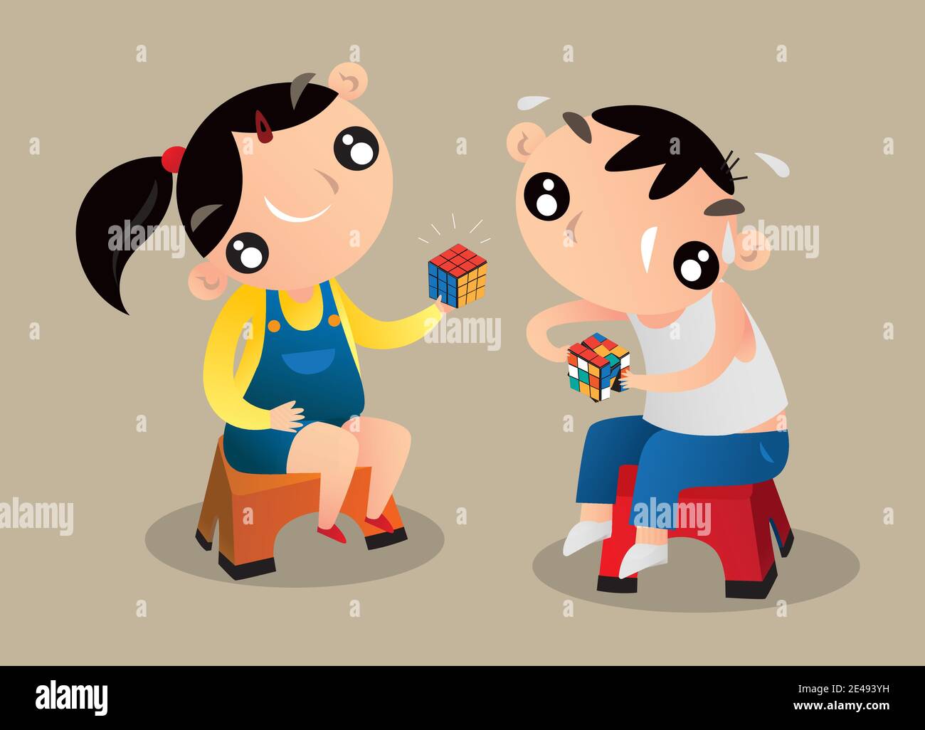 Cartoon-Illustration von zwei Hong Kong Kinder spielen Zauberwürfel Stock Vektor