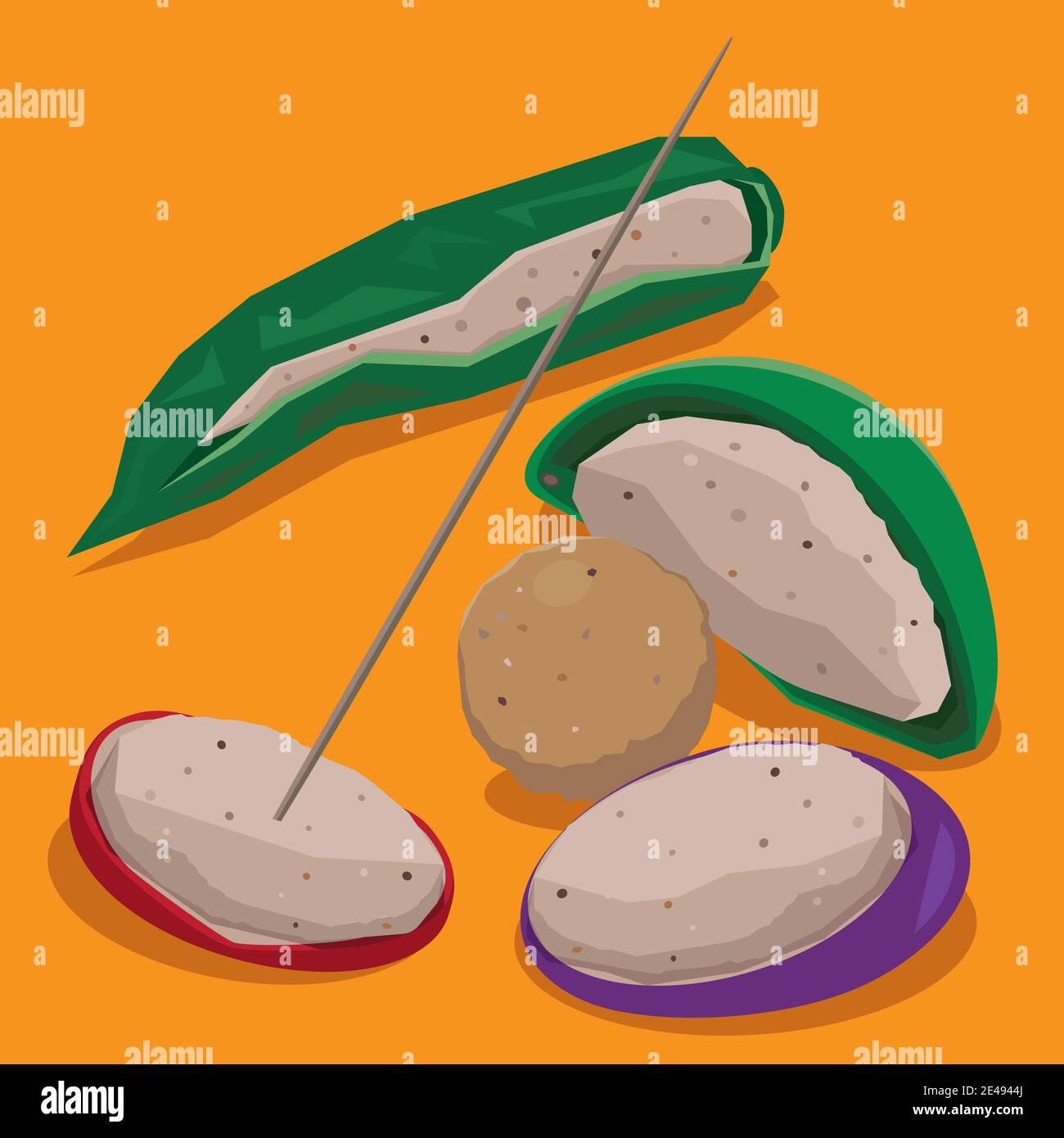 Vektor-Illustration von Hong Kong Street Snack - drei gefüllte Schätze: Gefüllte Auberginen, gefüllte Paprika, gefüllte rote Wurst. Stock Vektor