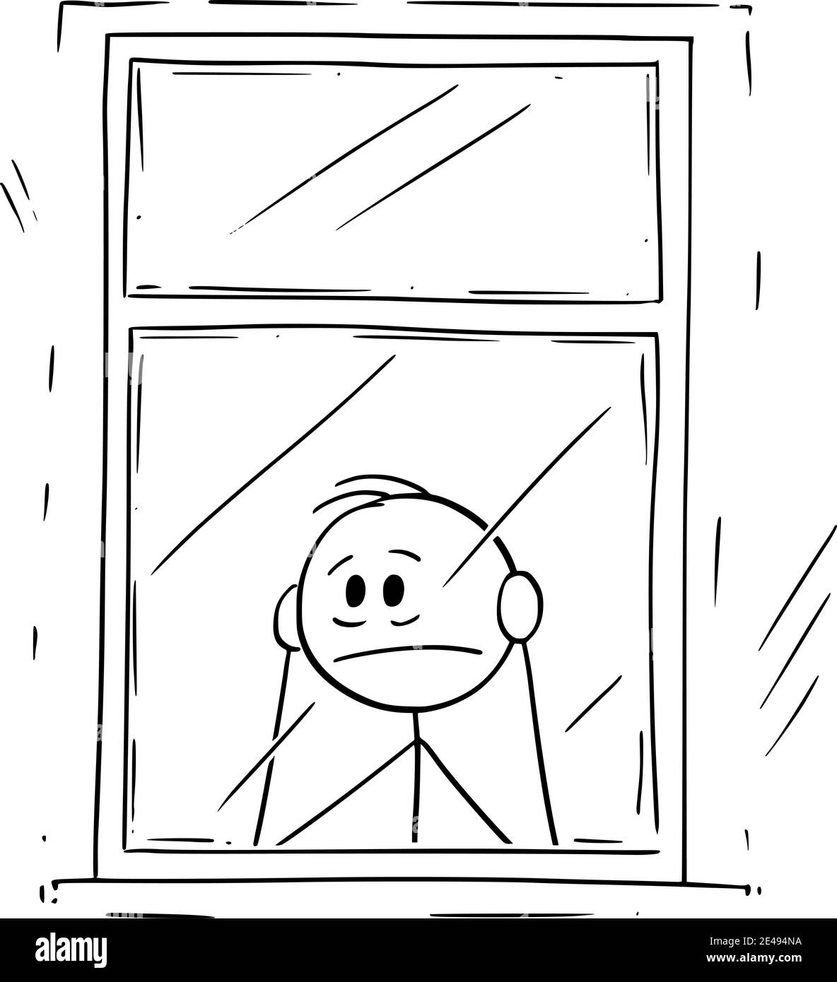 Frustrierter oder trauriger Mann, der durch Fenster schaut, gelangweilt innen, Vektor-Cartoon-Stick-Figur oder Charakterillustration. Stock Vektor