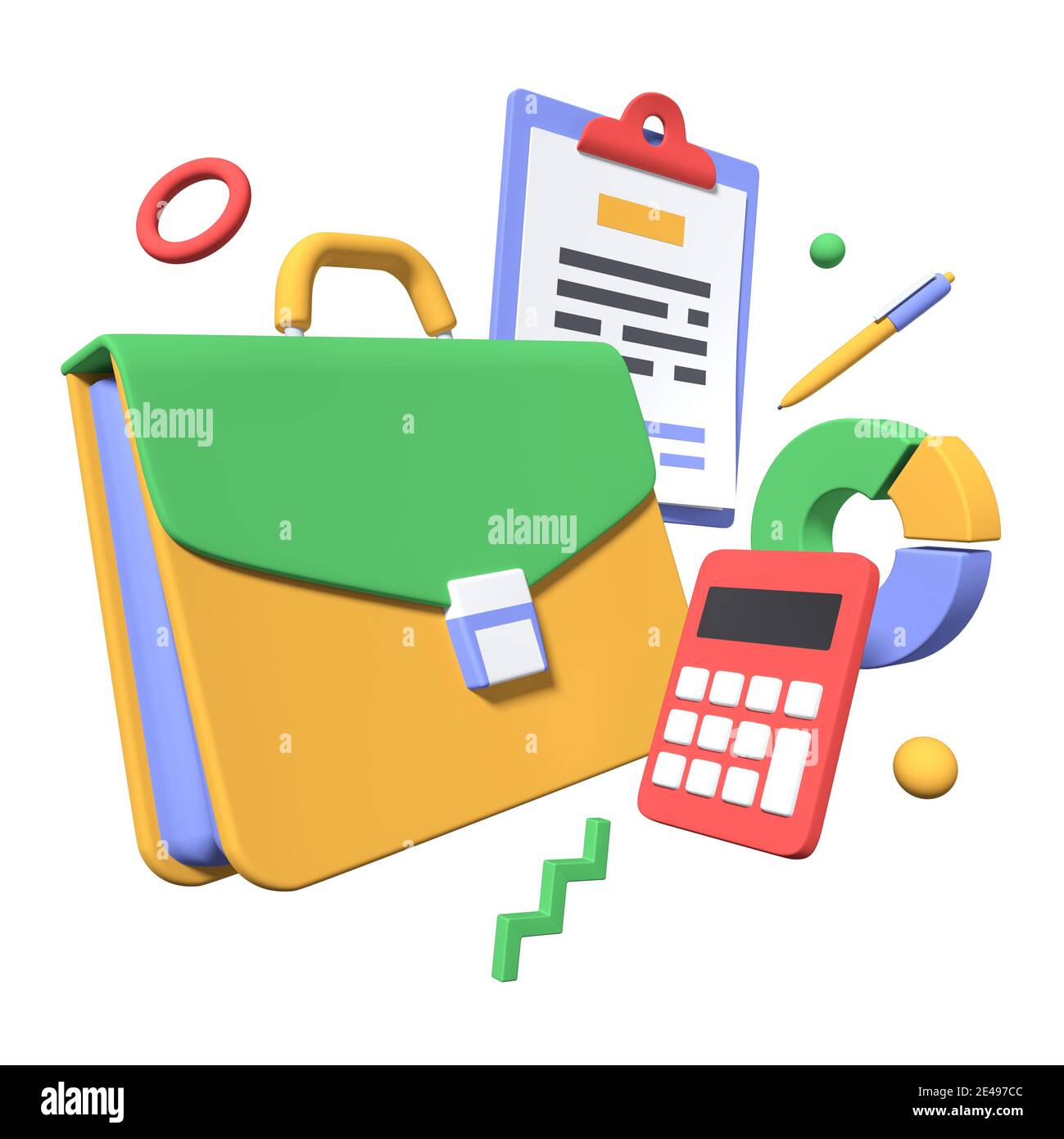 Business Analytics - moderne bunte realistische 3d-Illustration. Datenanalyse und Workflow-Idee. Bilder einer Aktentasche, Zwischenablage, Taschenrechner und Diag Stockfoto