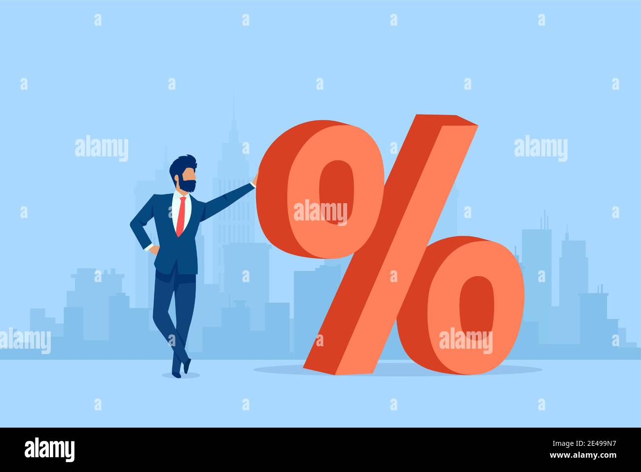 Vektor eines Geschäftsmannes, der neben einem roten Big steht Prozentsymbol auf einem Stadtbild-Hintergrund Stock Vektor