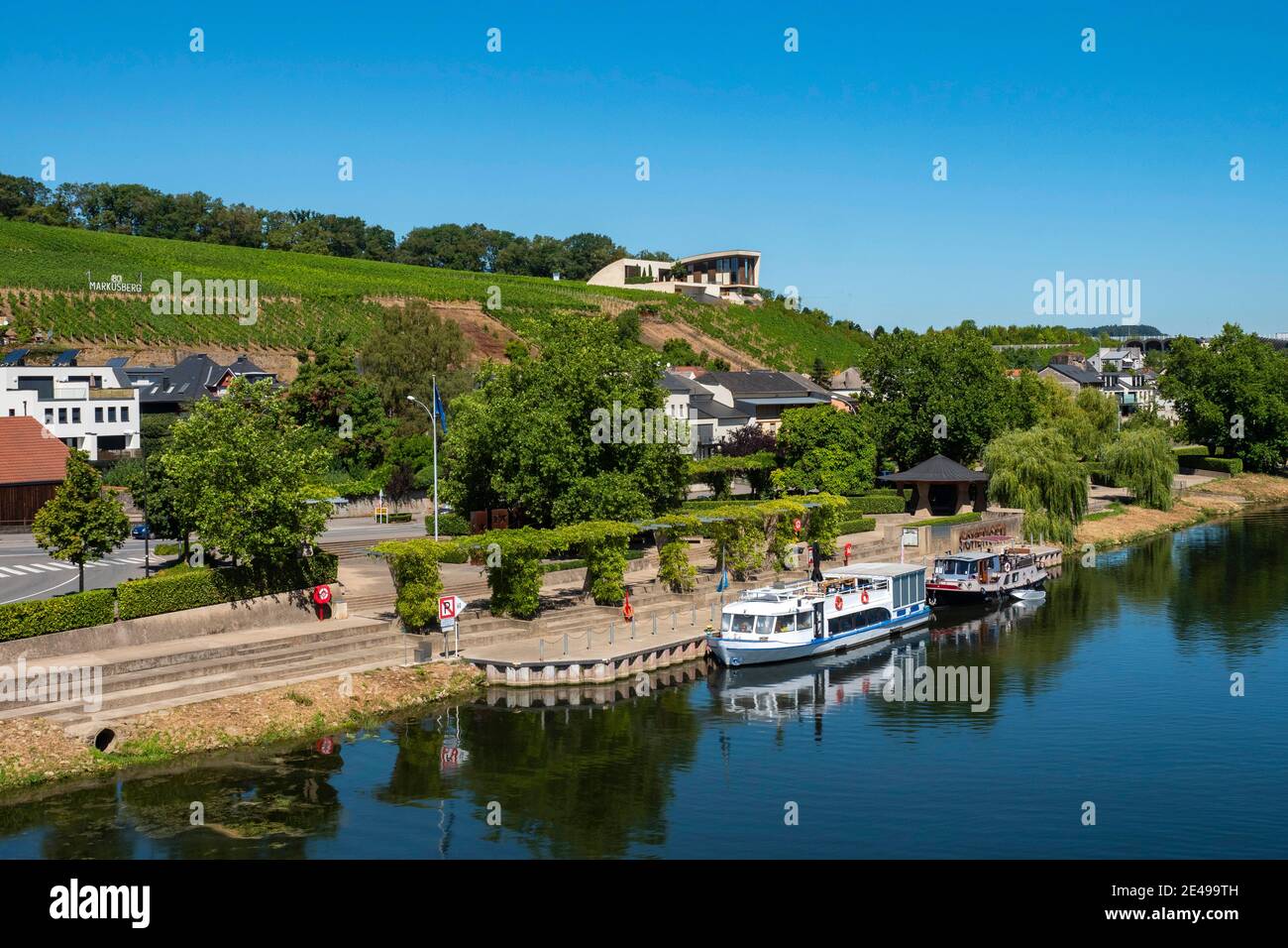 Schiffsanlegestelle in Schengen, Mosel, Kanton Remich, Großherzogtum Luxemburg Stockfoto