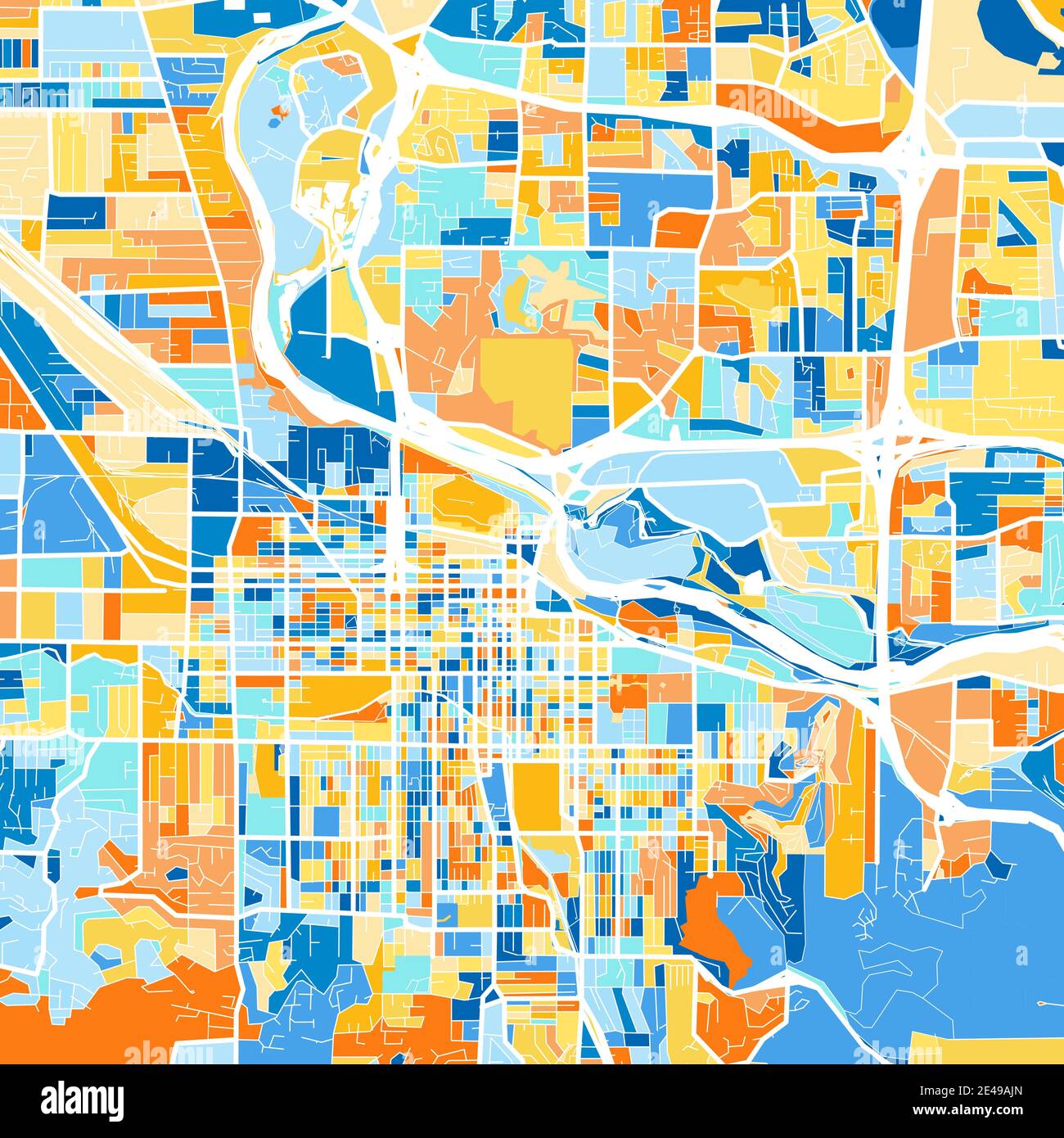 Farbkunstkarte von Eugene, Oregon, UnitedStates in Blau und Orangen. Die Farbabstufungen in Eugene-Karte folgen einem zufälligen Muster. Stock Vektor