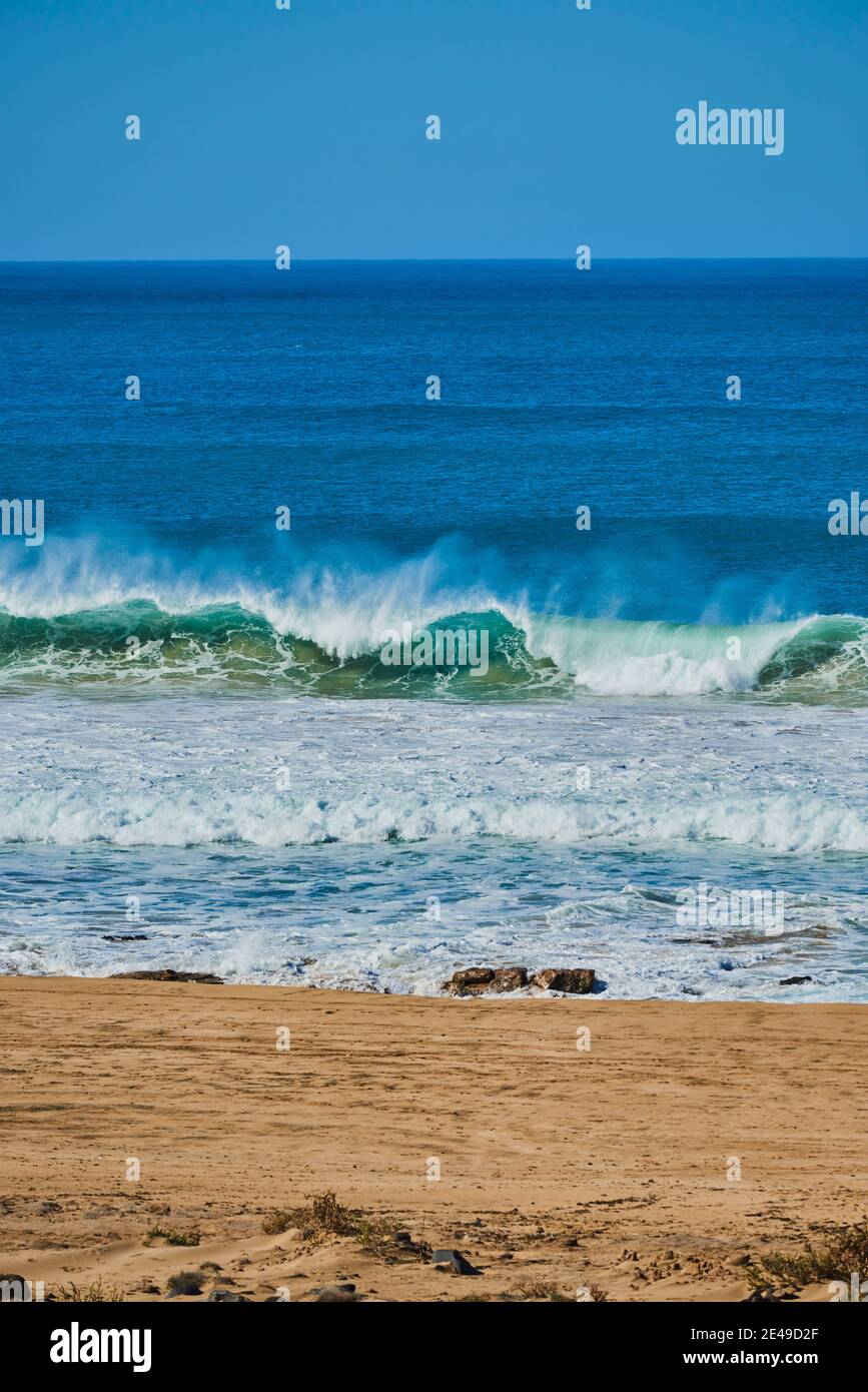 Küste bei Ebbe, von Playa del Castillo, Playa del Aljibe de la Cueva, Fuerteventura, Kanarische Inseln, Spanien Stockfoto