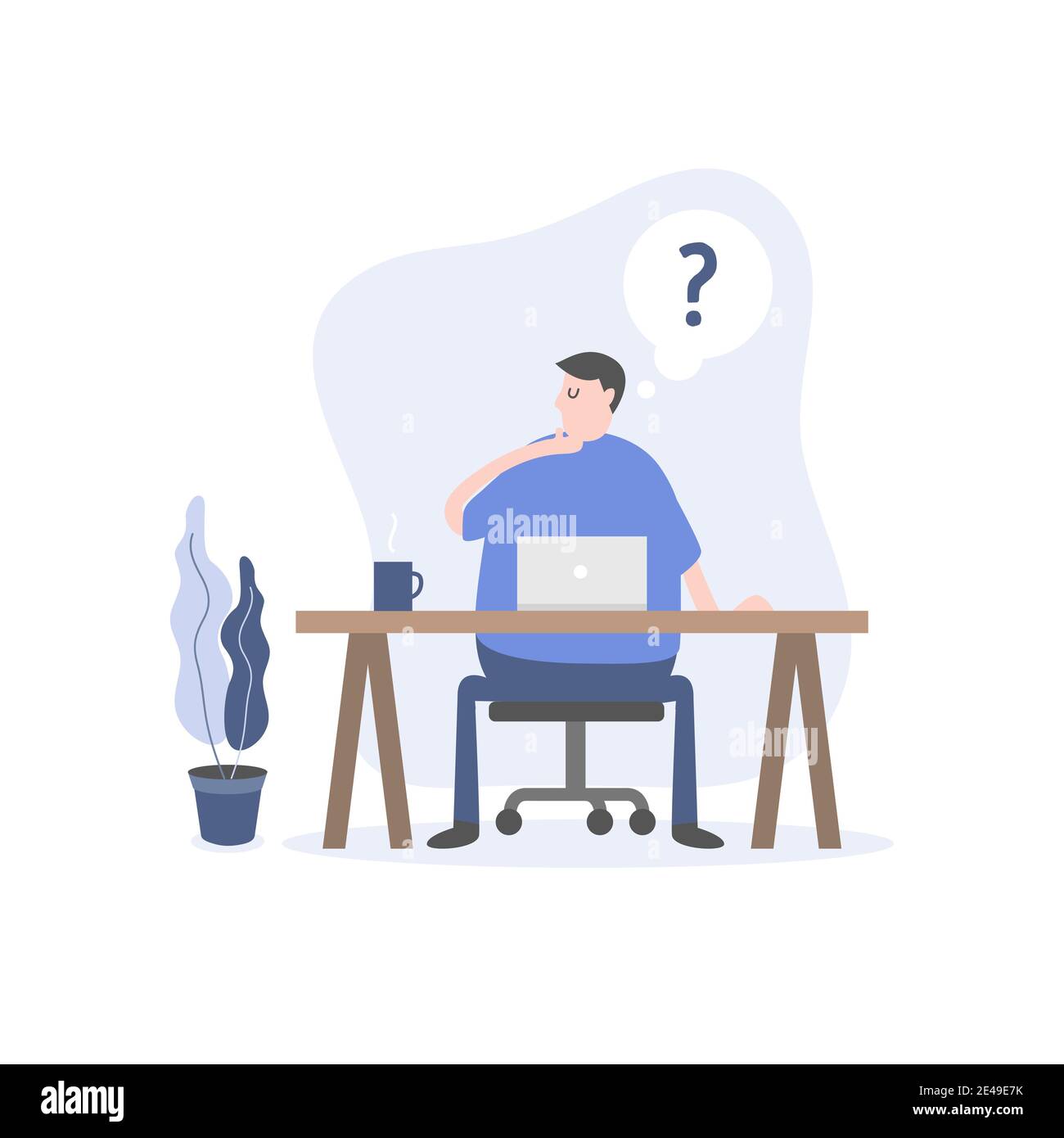 Mann mit Laptop sitzen und arbeiten sind neugierig. Freiberufler oder Büroangestellte Zeichentrickfigur. Stock Vektor