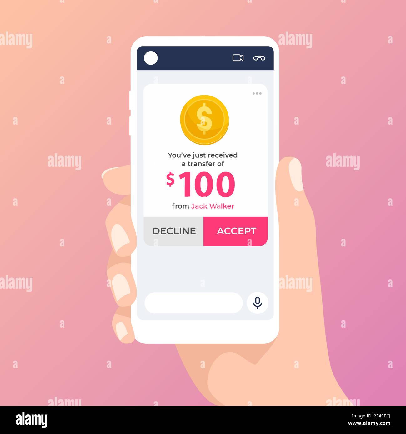 Geldtransfer per Chat. Zahlen Sie über die mobile App. Senden und Empfangen von Geld. Stock Vektor