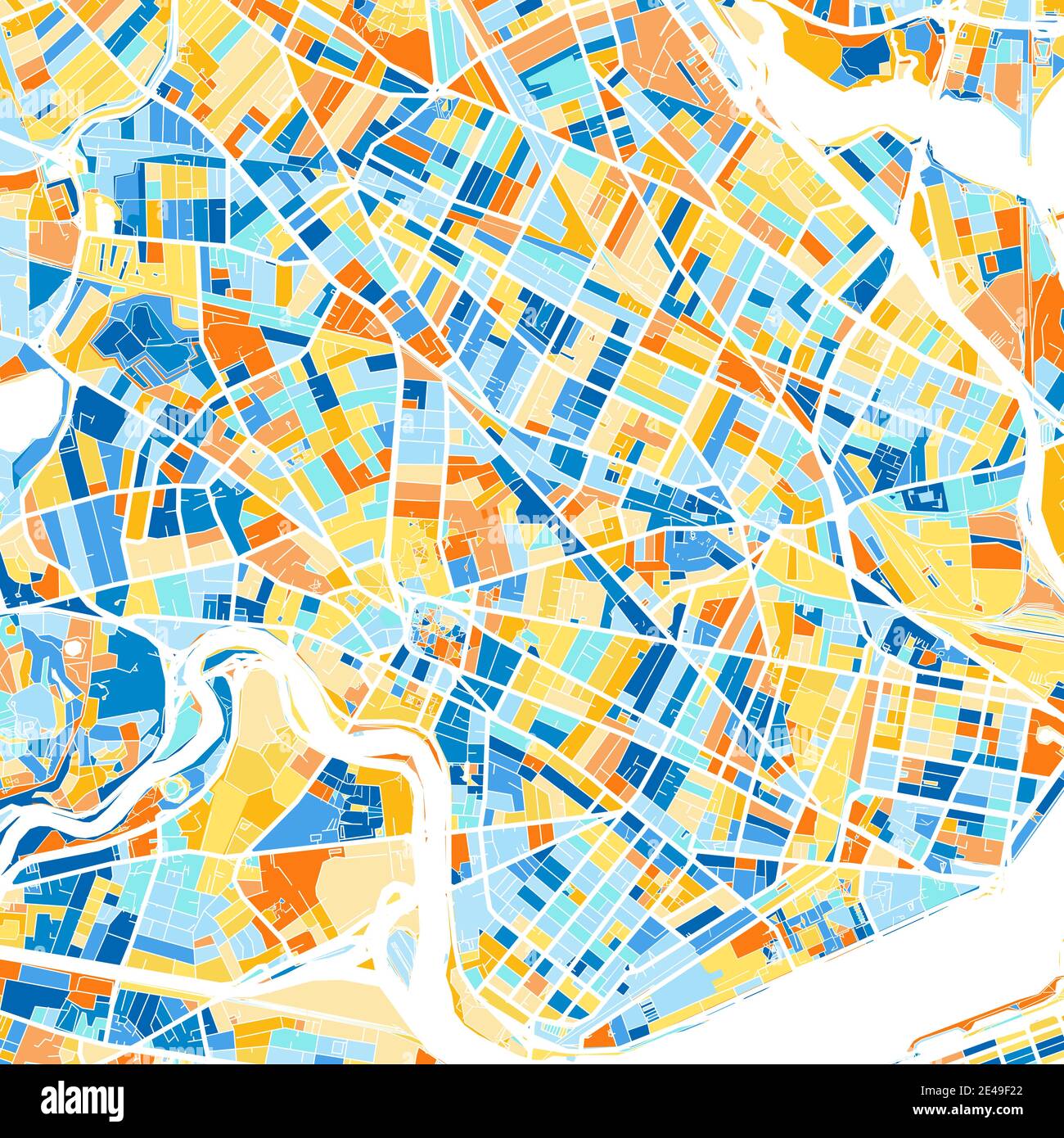 Farbkunstkarte von Cambridge, Massachusetts, UnitedStates in Blau und Orangen. Die Farbabstufungen in der Cambridge-Karte folgen einem zufälligen Muster. Stock Vektor
