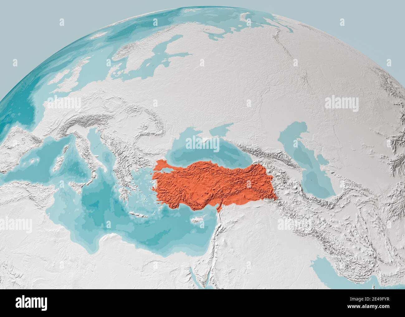 Weltkarte des Mittelmeers und der Türkei, Asien, Europa Afrika und dem Nahen Osten. Kartographie, geographischer Atlas. 3d-Rendering. Bathymetrie, unterw Stockfoto
