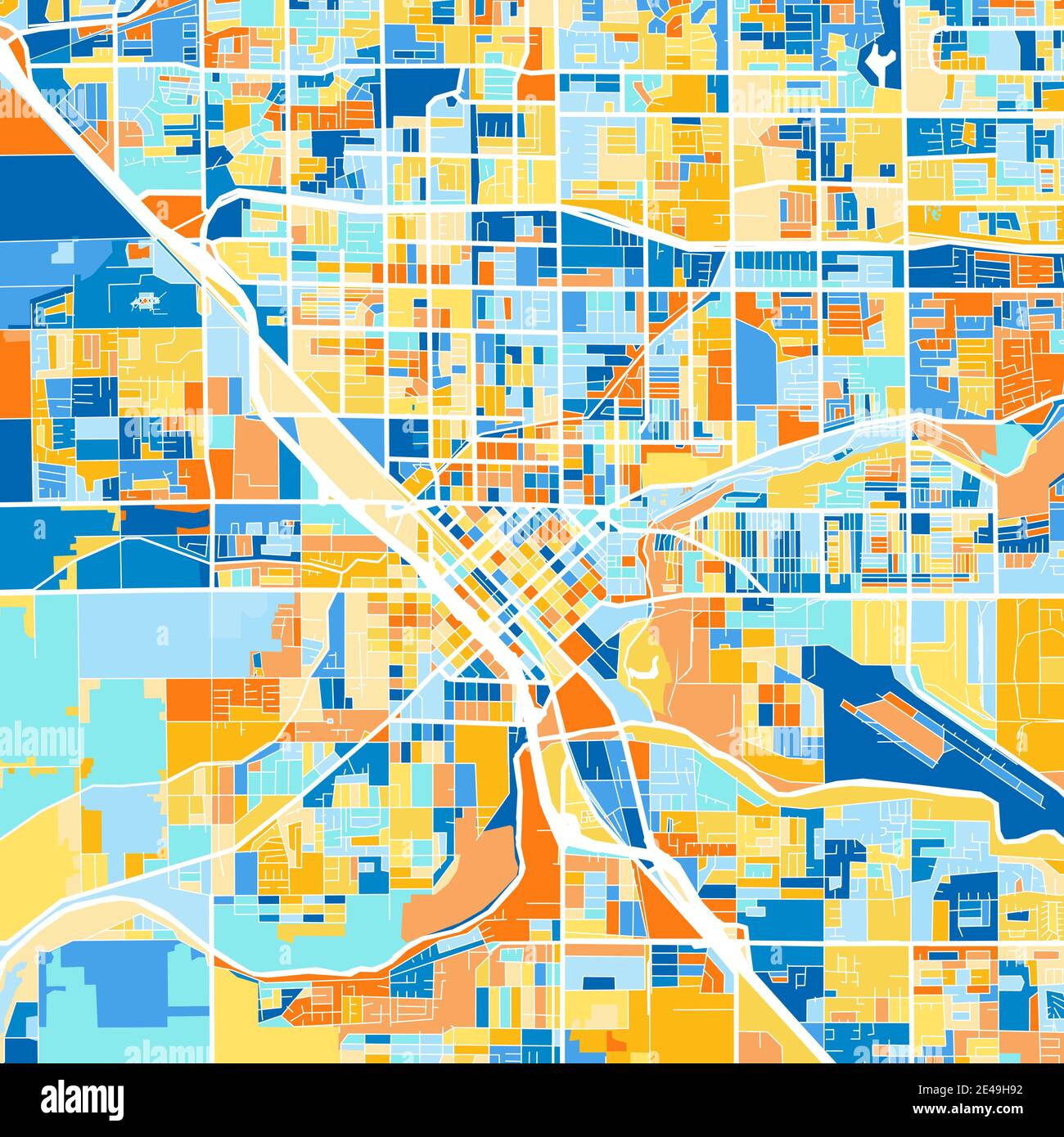 Farbkunstkarte von Modesto, Kalifornien, UnitedStates in Blau und Orangen. Die Farbabstufungen in der Modesto-Karte folgen einem zufälligen Muster. Stock Vektor