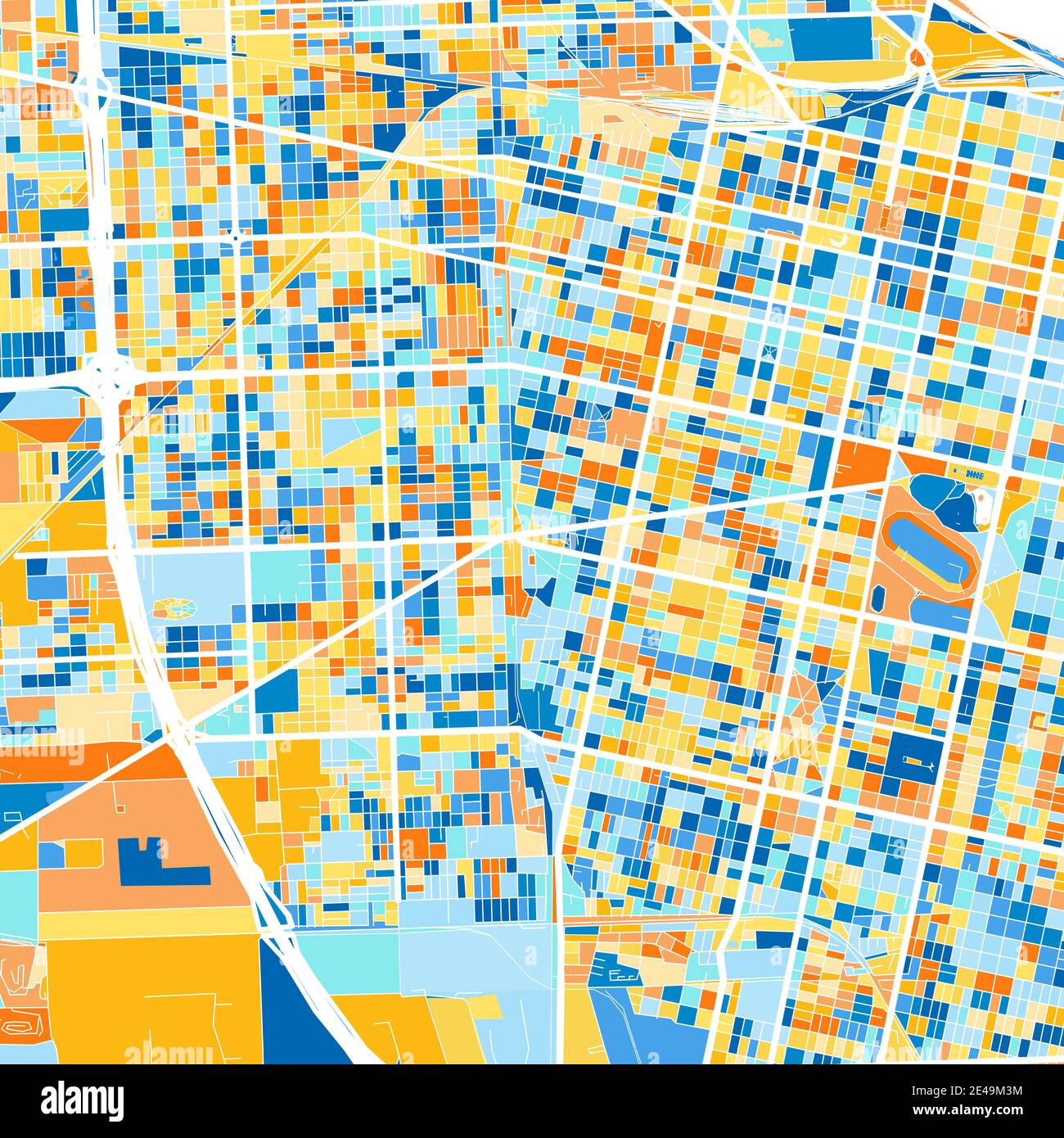 Farbkunstkarte von Rosario, Argentinien, Argentinien in Blau und Orangen. Die Farbabstufungen in der Rosario-Karte folgen einem zufälligen Muster. Stock Vektor