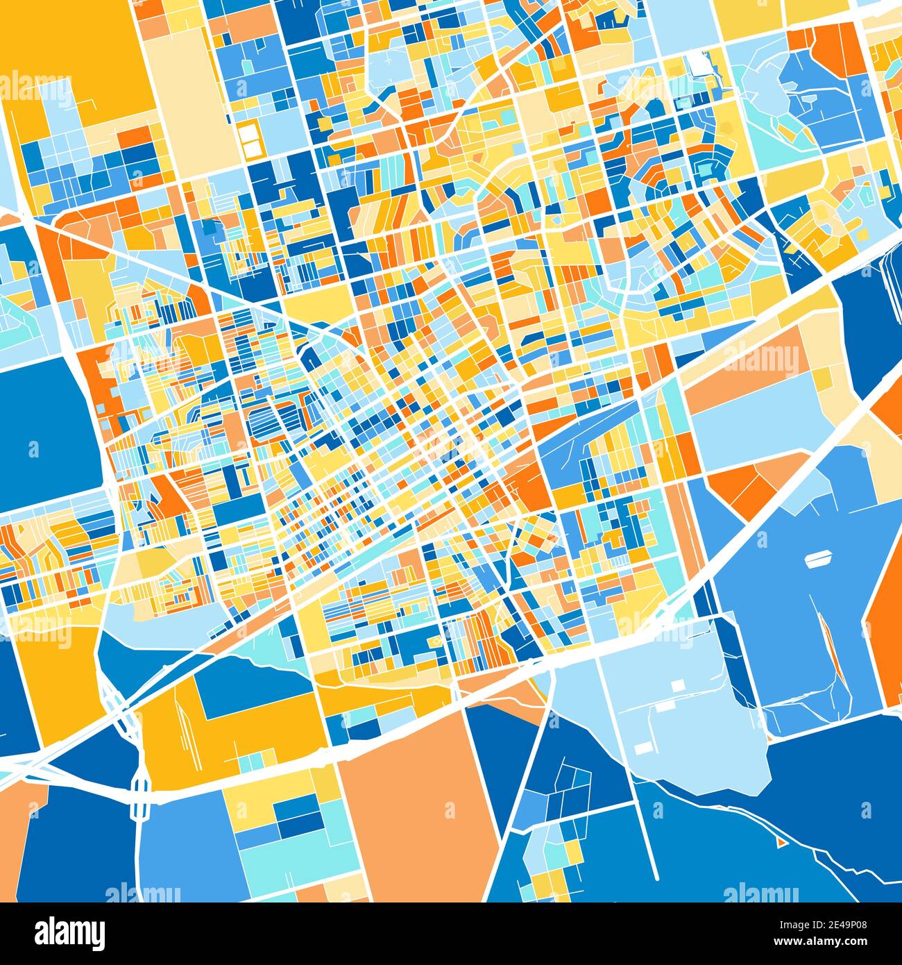 Farbkunstkarte von Odessa, Texas, UnitedStates in Blau und Orangen. Die Farbabstufungen in der Odessa-Karte folgen einem zufälligen Muster. Stock Vektor