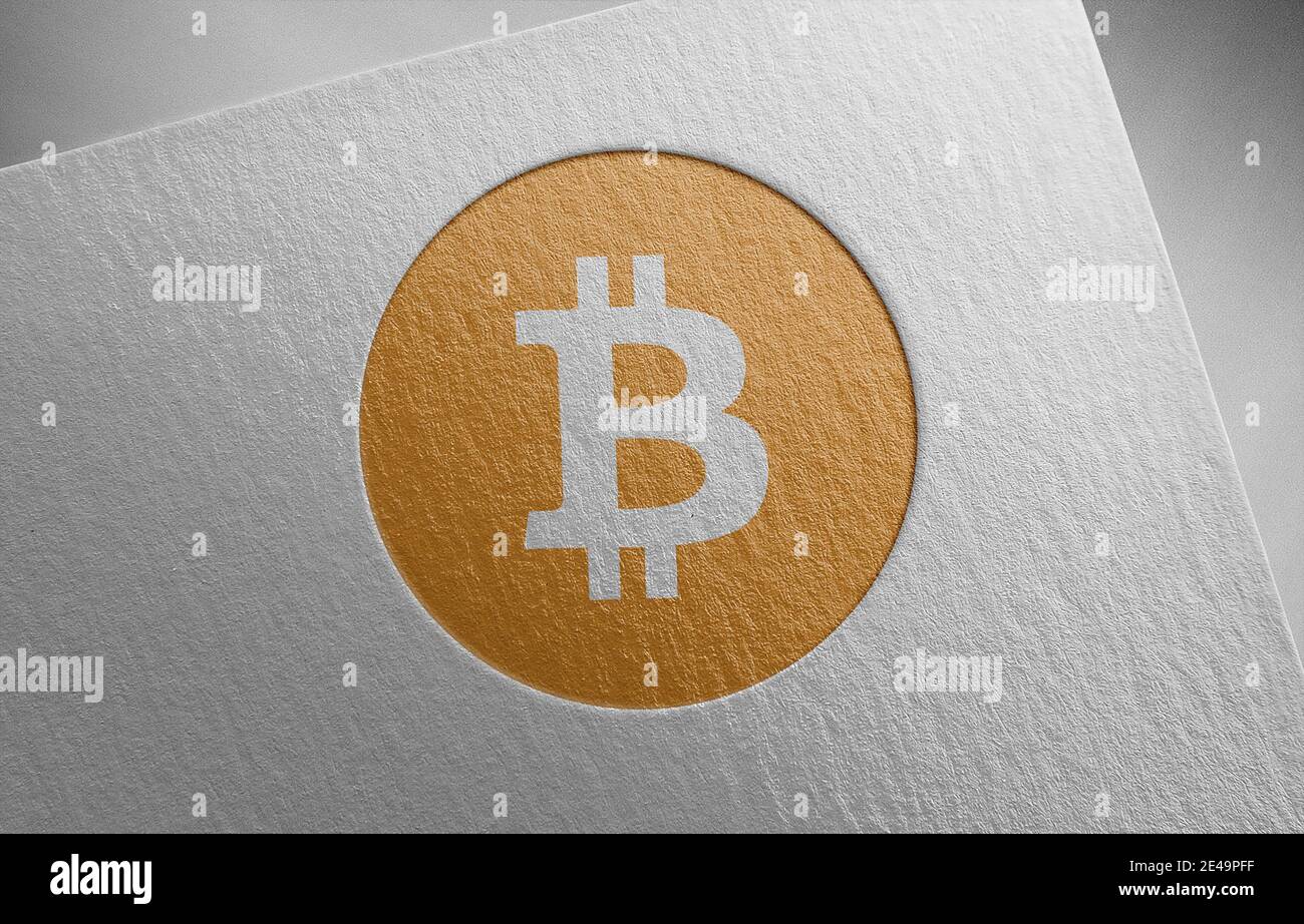 Bitcoin-Logo auf Papiertextur-Illustration Stockfoto
