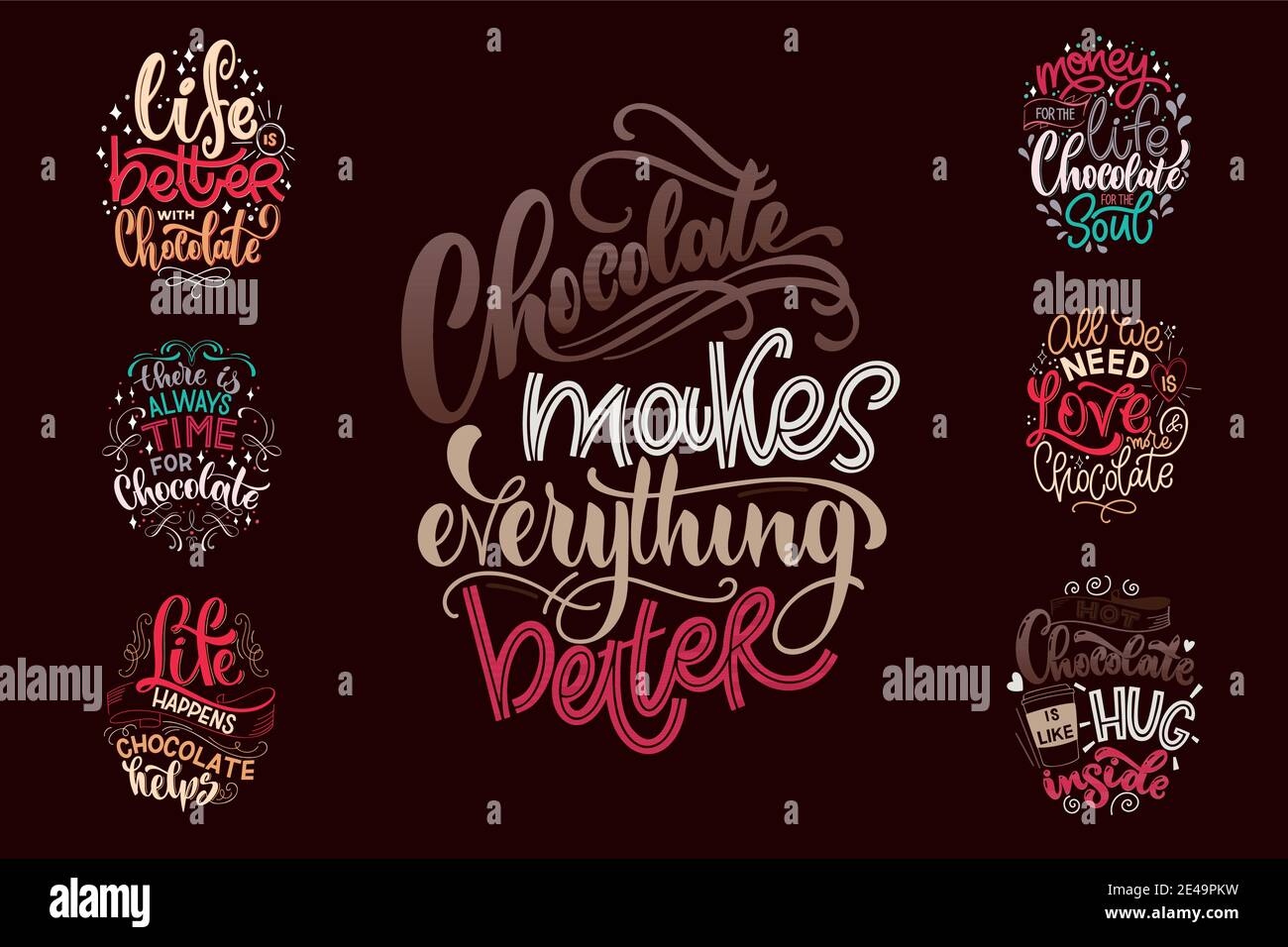 Schokoladen-Hand-Schriftzug Zitate-Set. Warme Weihnachten Winter Wort Komposition. Vektor-Design-Elemente für T-Shirts, Poster, Karten, Aufkleber und Menü Stock Vektor