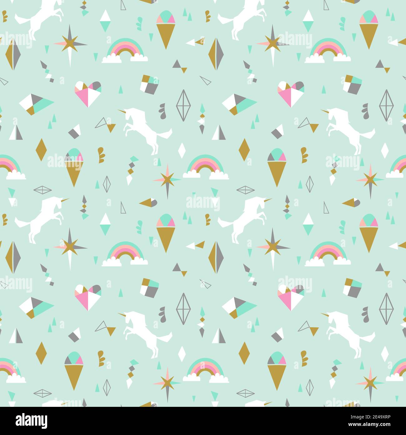 Nahtloses Muster mit Einhörnern, Wolken, Sternen, Diamant, Eis. Vektorgrafik Hintergrund Stock Vektor