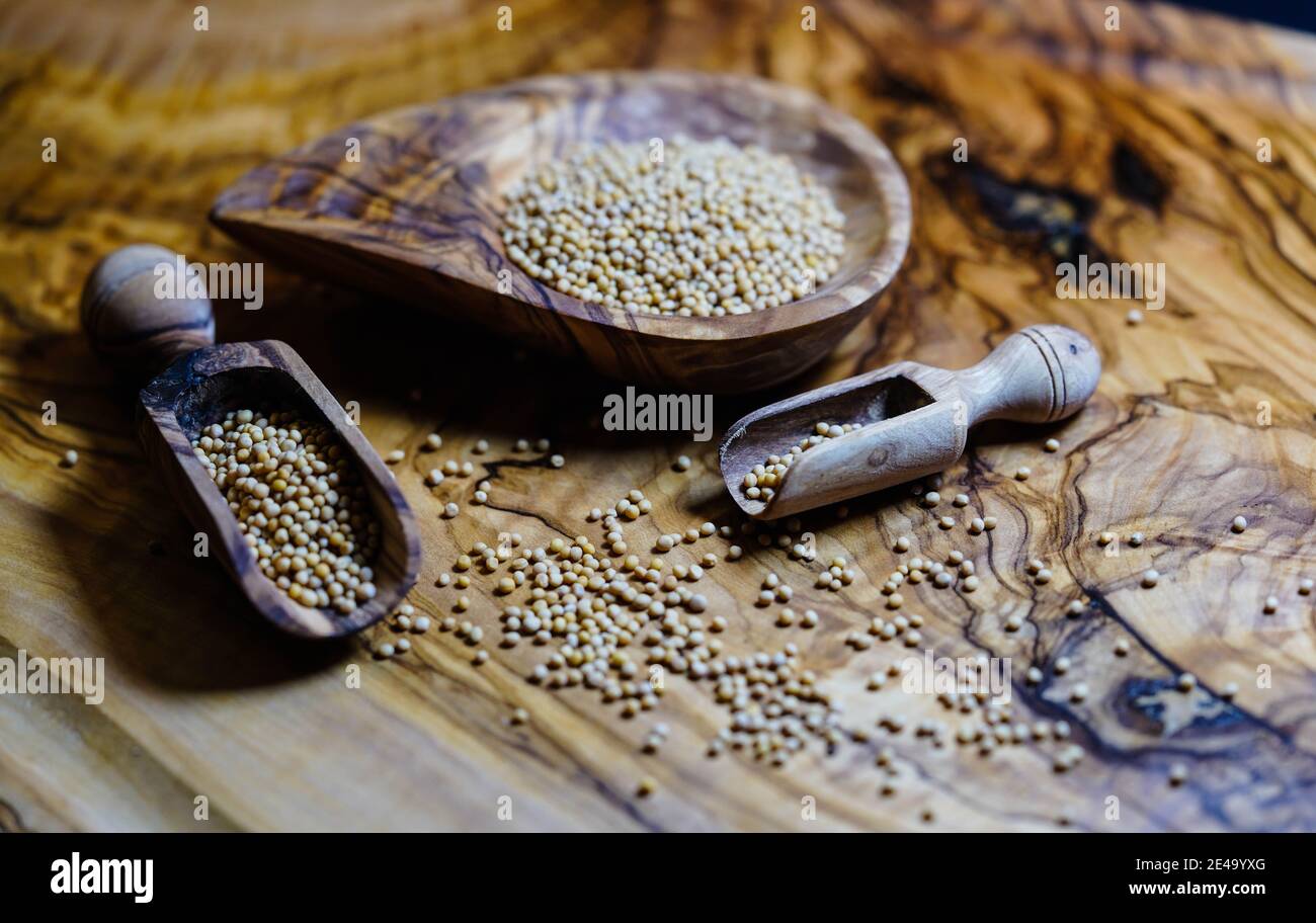 Senfkörner Granum sinapis und ein Holzlöffel Stockfoto