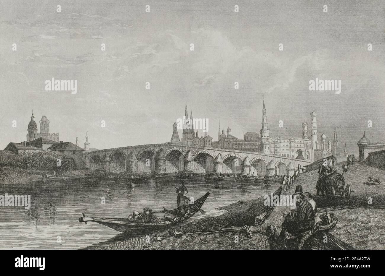 Russland, Moskau. Blick auf die erste Steinbrücke, erbaut 1812. Sie wurde abgerissen und 1859 durch die zweite Steinbrücke ersetzt. Gravur von Lemaitre und Lalaisse. Geschichte Russlands von Jean Marie Chopin (1796-1870). Panorama Universal, spanische Ausgabe, 1839. Stockfoto