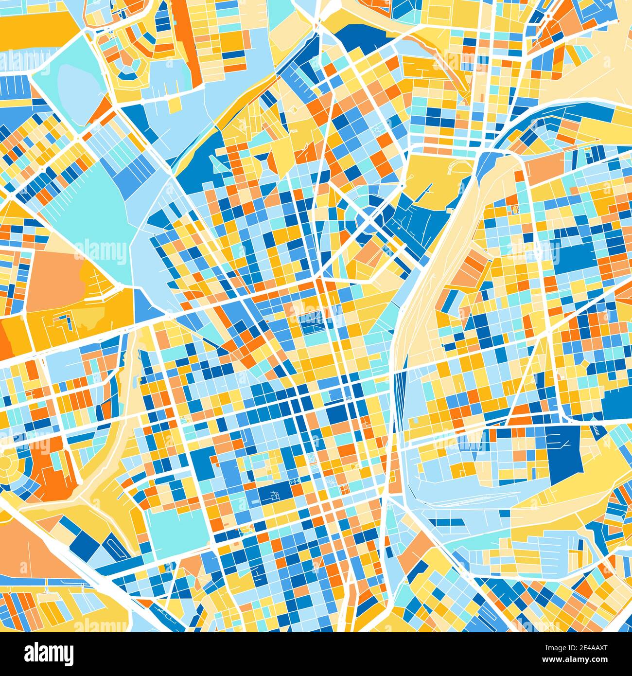 Farbkunstkarte von Araraquara, Brasilien, Brasilien in Blau und Orangen. Die Farbabstufungen in der Araraquara-Karte folgen einem zufälligen Muster. Stock Vektor