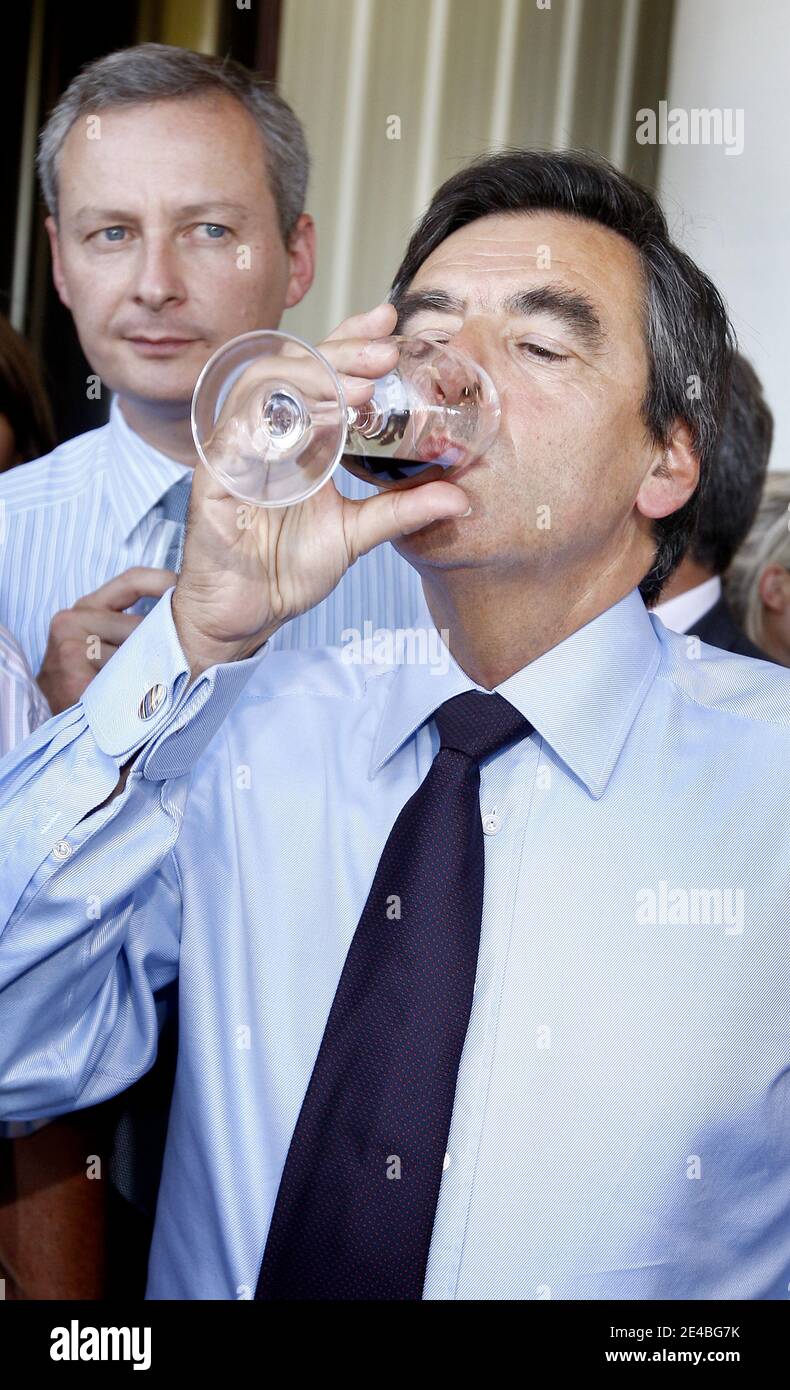 Der französische Premierminister Francois Fillon nimmt am 8. september 2009, geschmälert vom Minister für Landwirtschaft, Fischerei und Ernährung Bruno Le Maire, an der Ernte in einem Schloss Turtaut in Saint Sulpice de Pommiers in der Region Bordeaux, Frankreich, Teil. Foto von Patrick Bernard/ABACAPRESS.COM Stockfoto