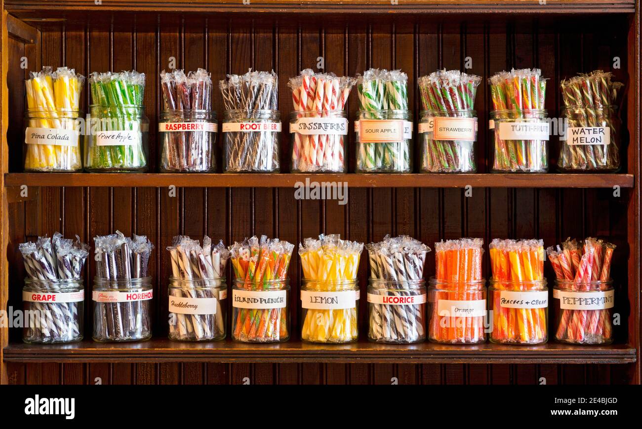 Verschiedene Bonbons in Jars, Fort Steele, British Columbia, Kanada Stockfoto